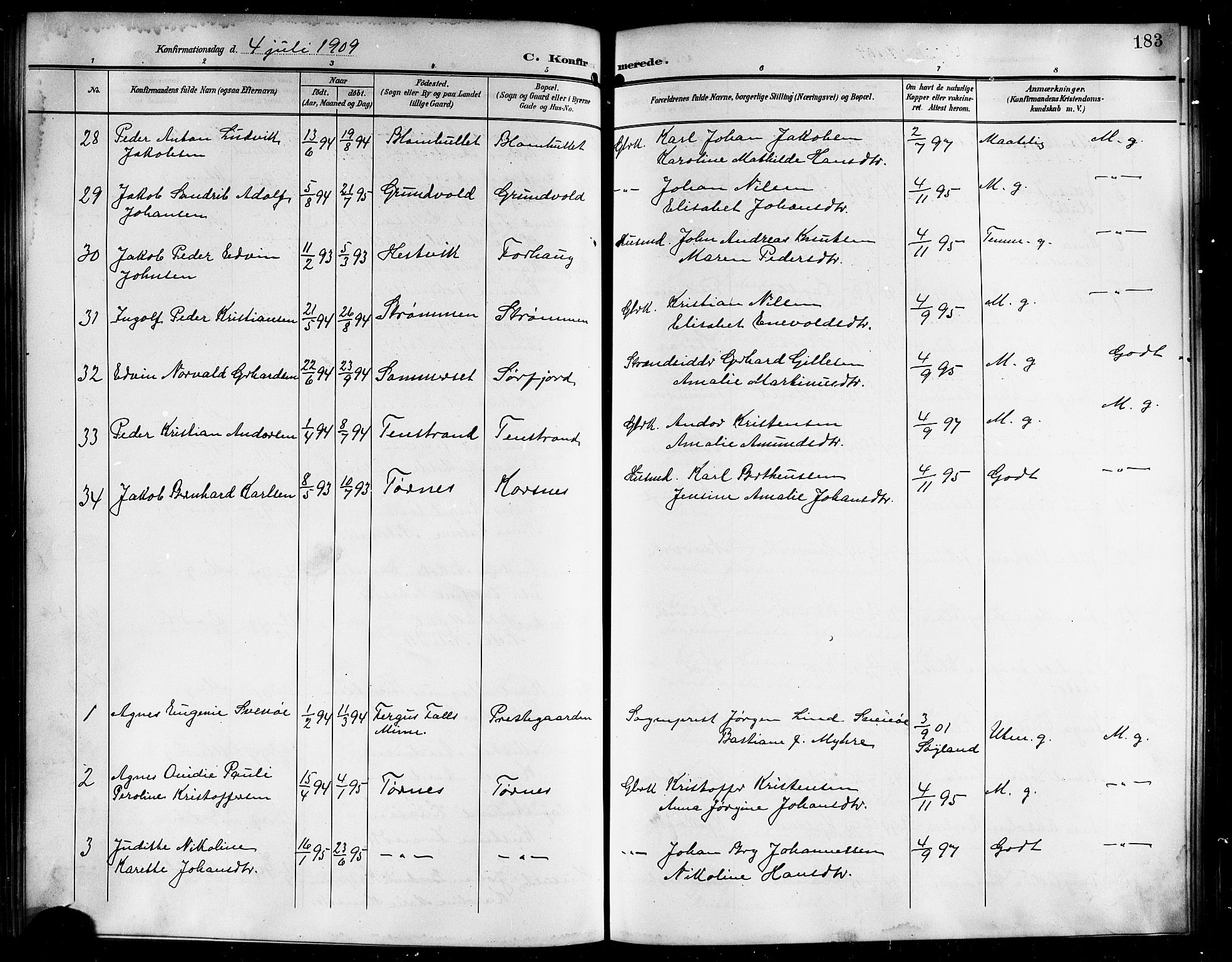 Ministerialprotokoller, klokkerbøker og fødselsregistre - Nordland, AV/SAT-A-1459/861/L0877: Parish register (copy) no. 861C03, 1903-1919, p. 183