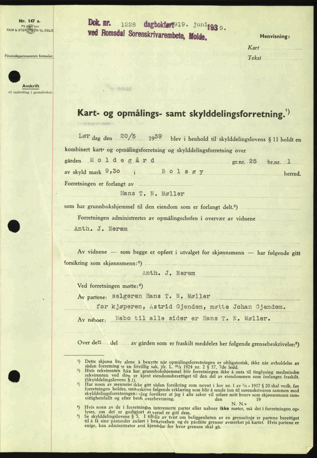 Romsdal sorenskriveri, AV/SAT-A-4149/1/2/2C: Mortgage book no. A7, 1939-1939, Diary no: : 1228/1939