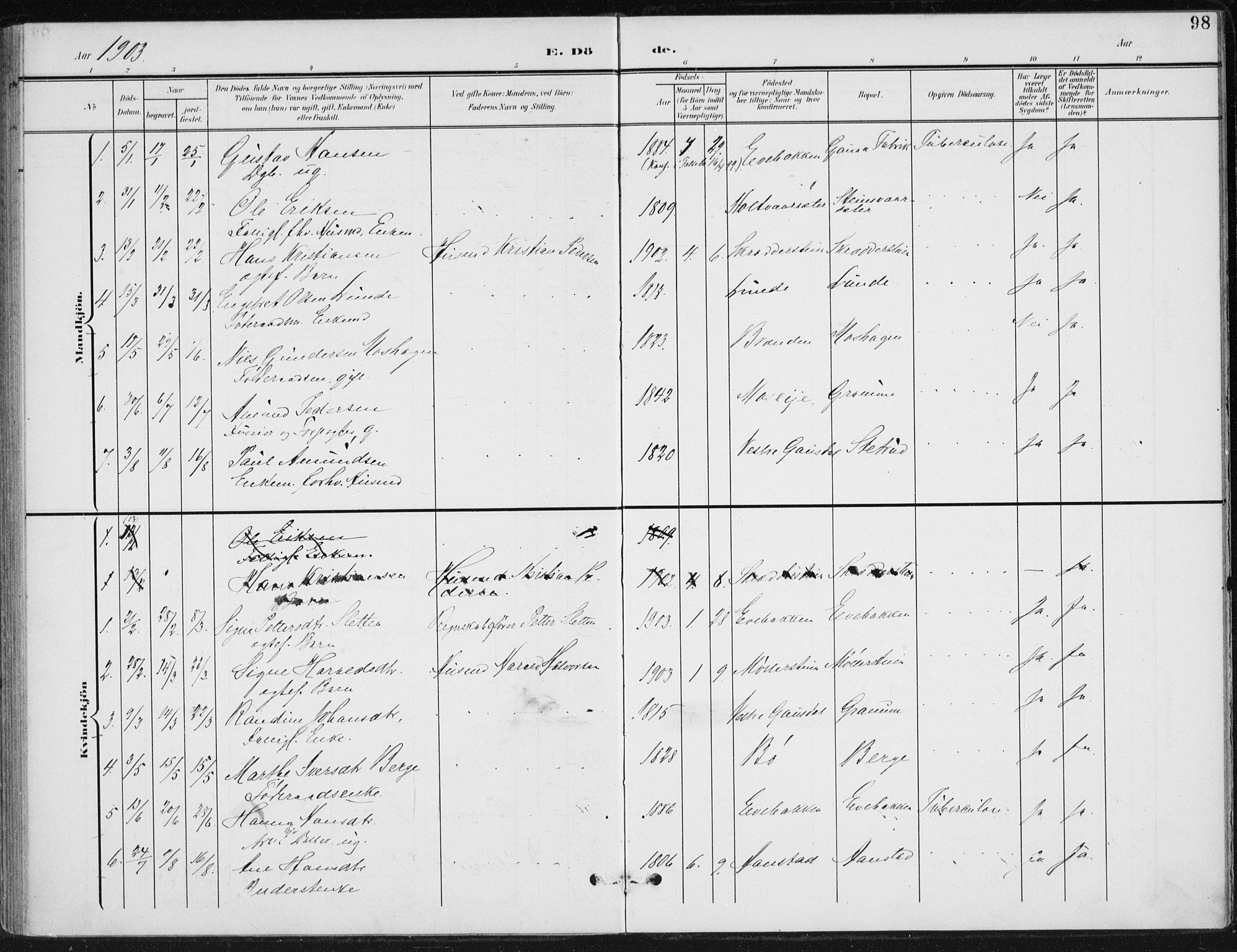 Østre Gausdal prestekontor, SAH/PREST-092/H/Ha/Haa/L0005: Parish register (official) no. 5, 1902-1920, p. 98