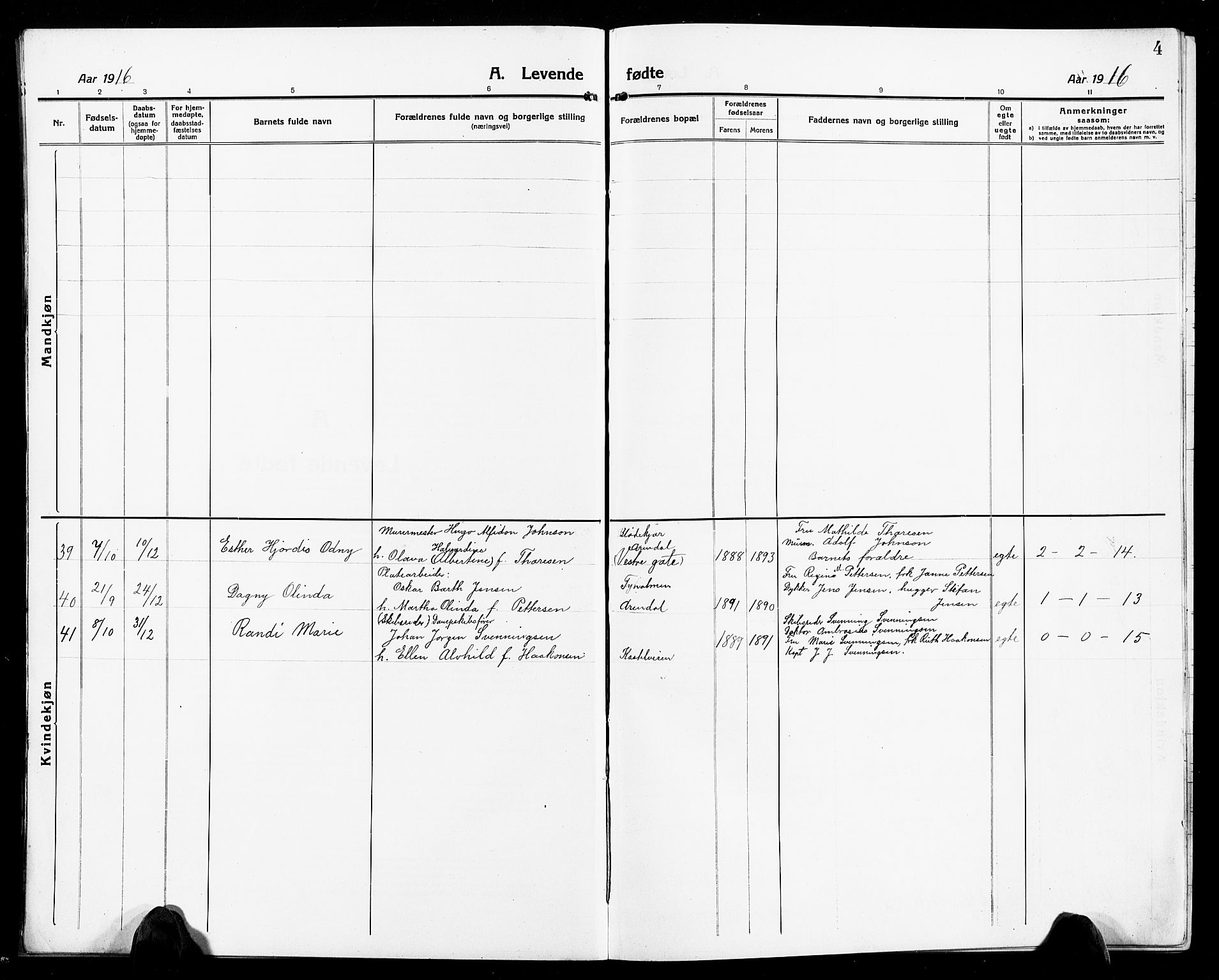 Arendal sokneprestkontor, Trefoldighet, SAK/1111-0040/F/Fb/L0007: Parish register (copy) no. B 7, 1916-1927, p. 4