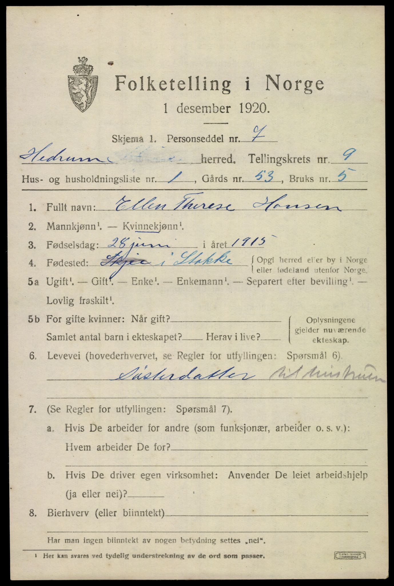 SAKO, 1920 census for Hedrum, 1920, p. 6815
