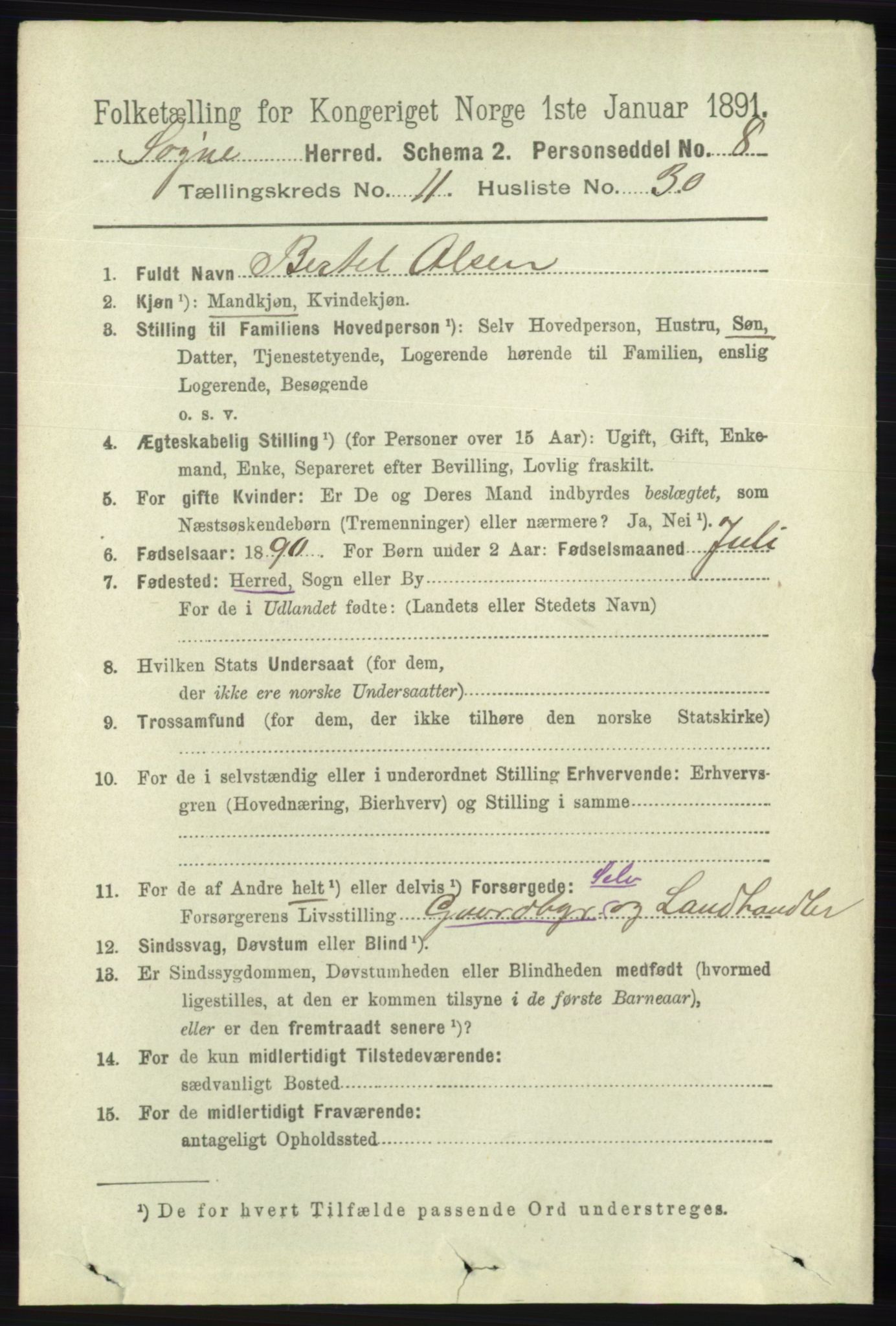 RA, 1891 census for 1018 Søgne, 1891, p. 3101