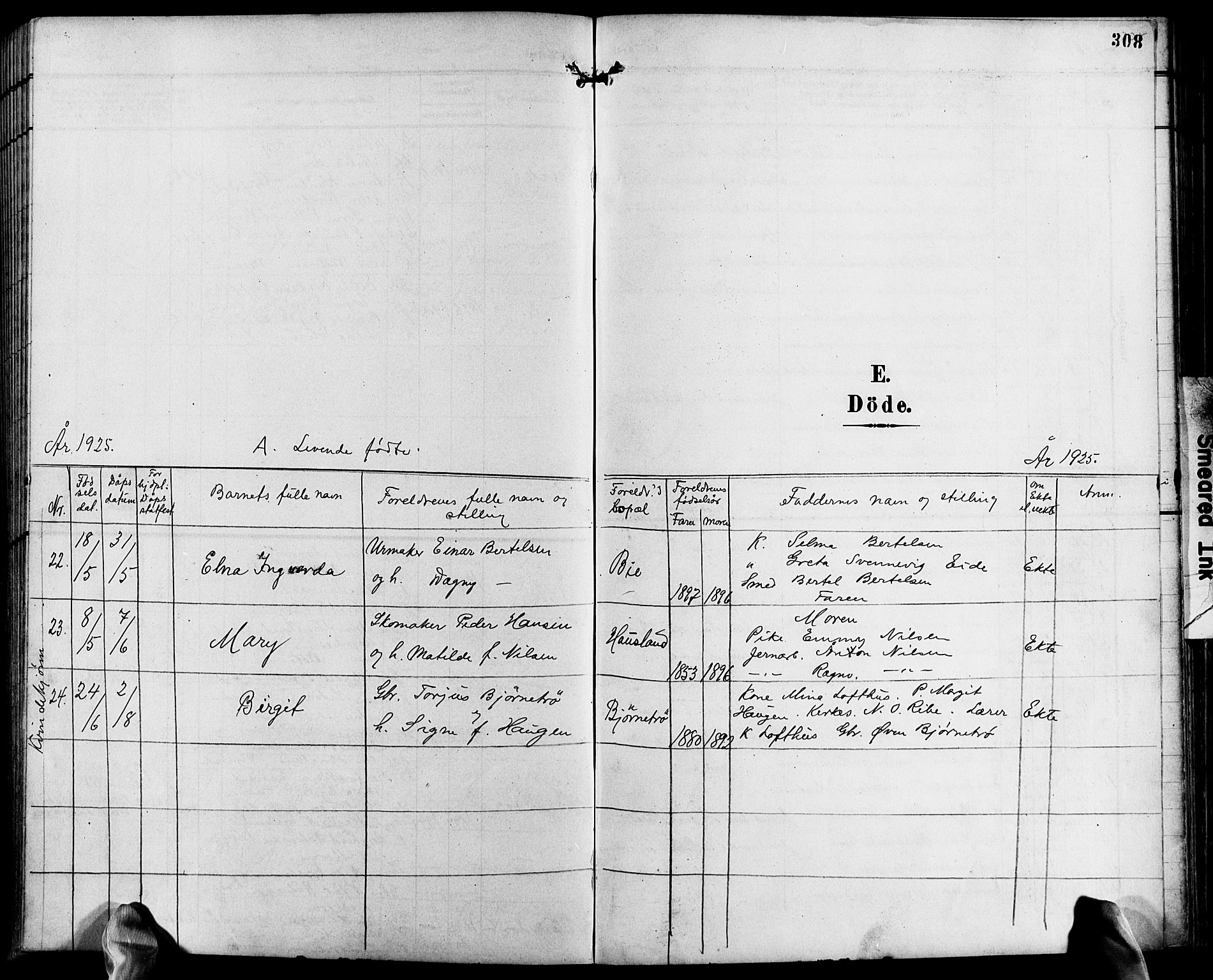 Fjære sokneprestkontor, SAK/1111-0011/F/Fb/L0012: Parish register (copy) no. B 12, 1902-1925, p. 308