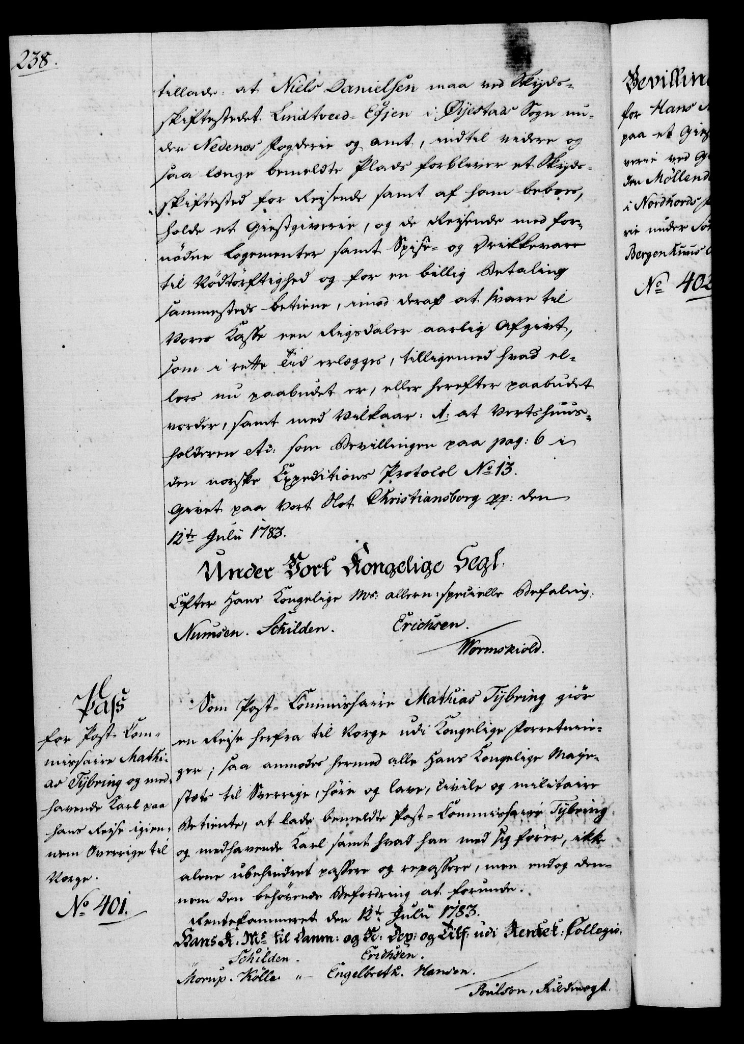 Rentekammeret, Kammerkanselliet, RA/EA-3111/G/Gg/Gga/L0012: Norsk ekspedisjonsprotokoll med register (merket RK 53.12), 1781-1783, p. 238