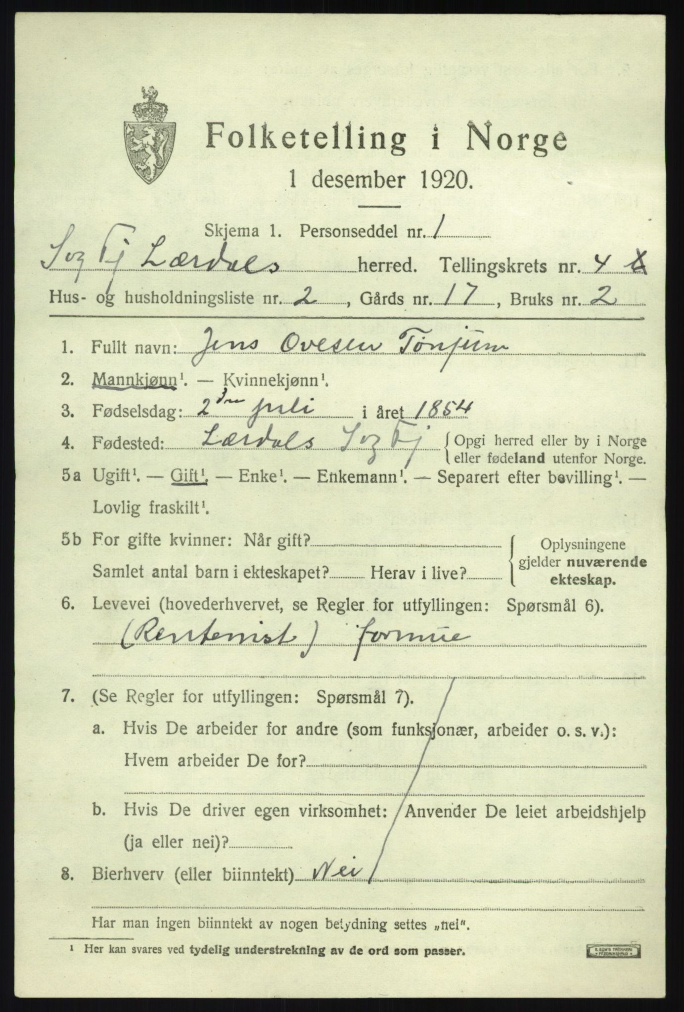 SAB, 1920 census for Lærdal, 1920, p. 2208