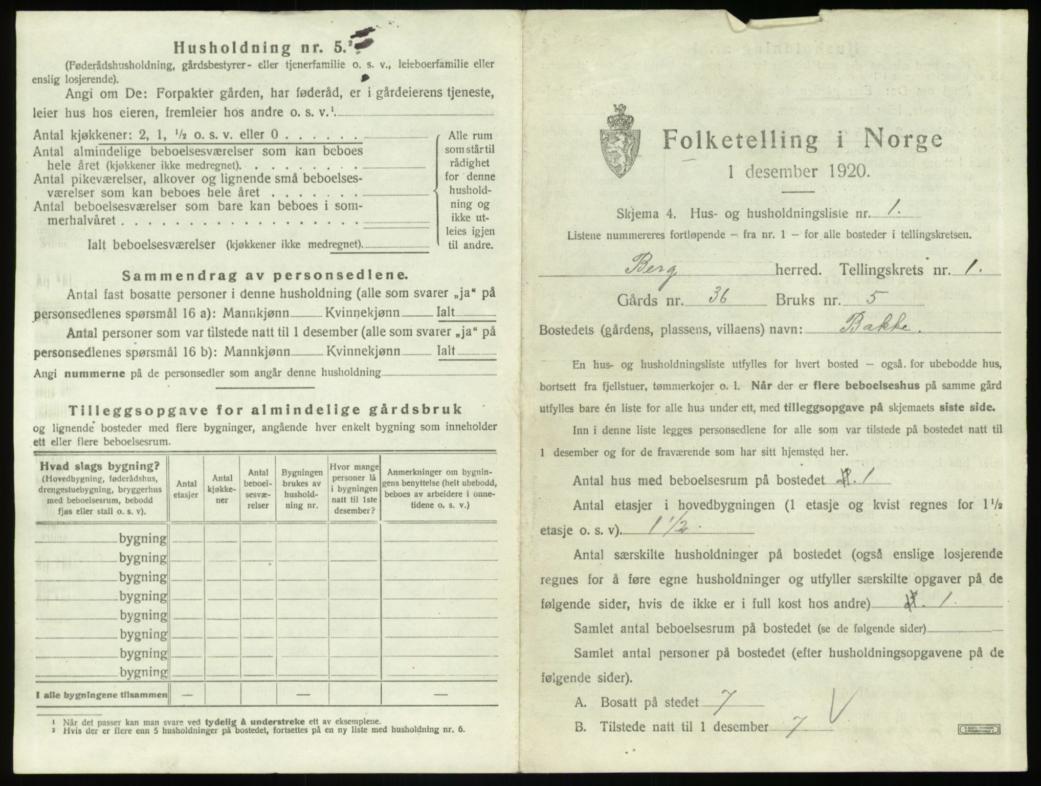 SAO, 1920 census for Berg, 1920, p. 43