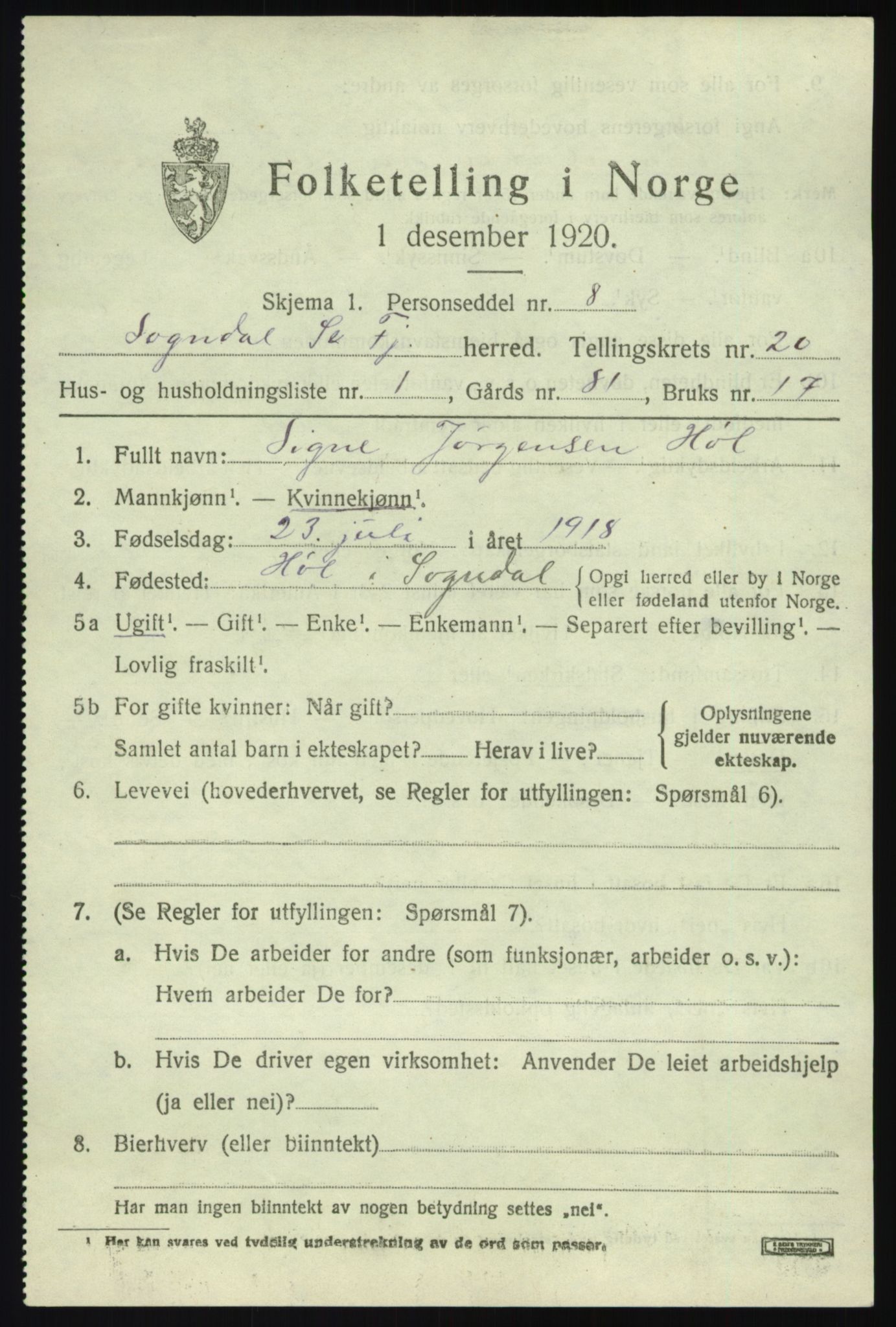 SAB, 1920 census for Sogndal, 1920, p. 7519