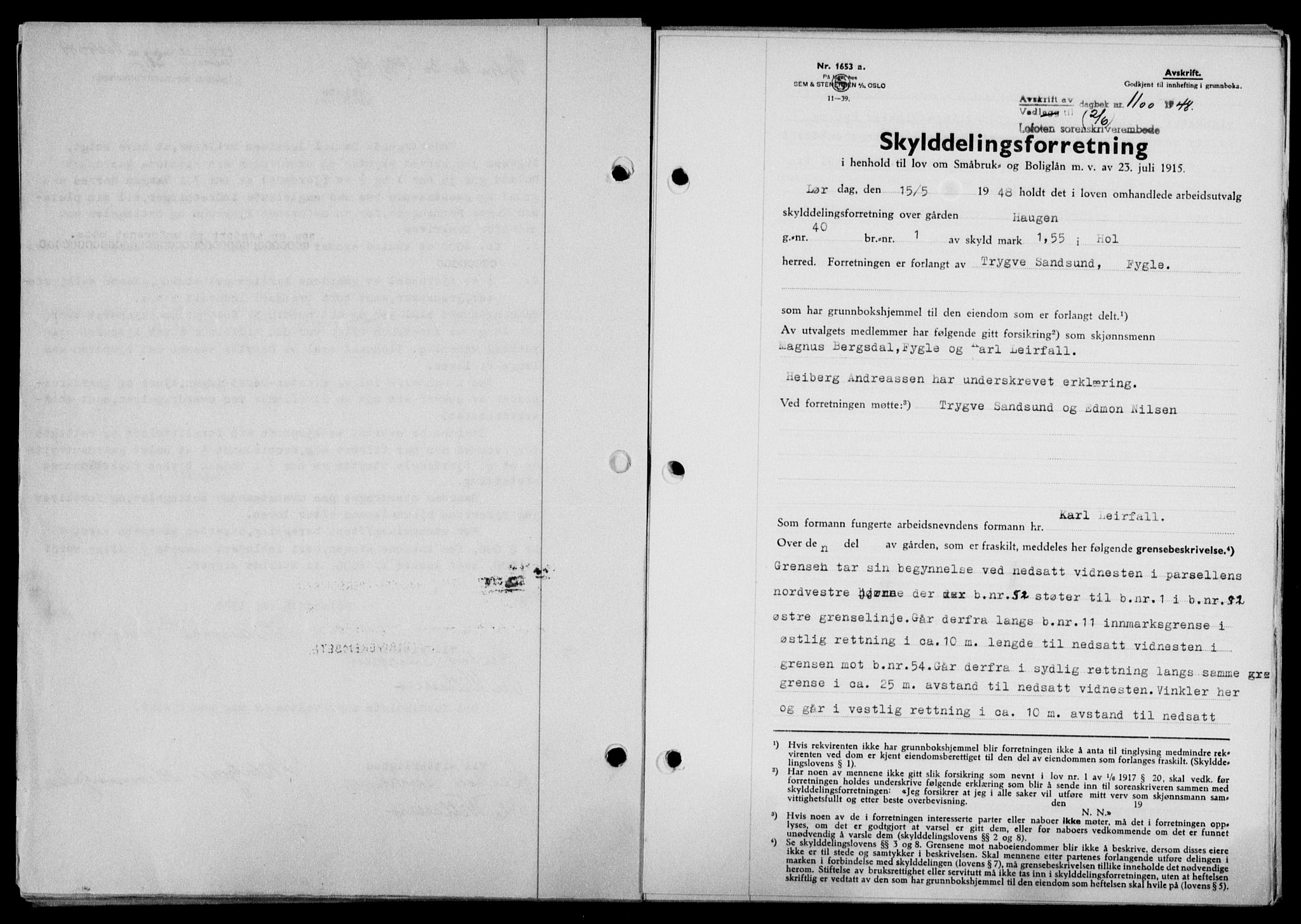 Lofoten sorenskriveri, SAT/A-0017/1/2/2C/L0018a: Mortgage book no. 18a, 1948-1948, Diary no: : 1100/1948