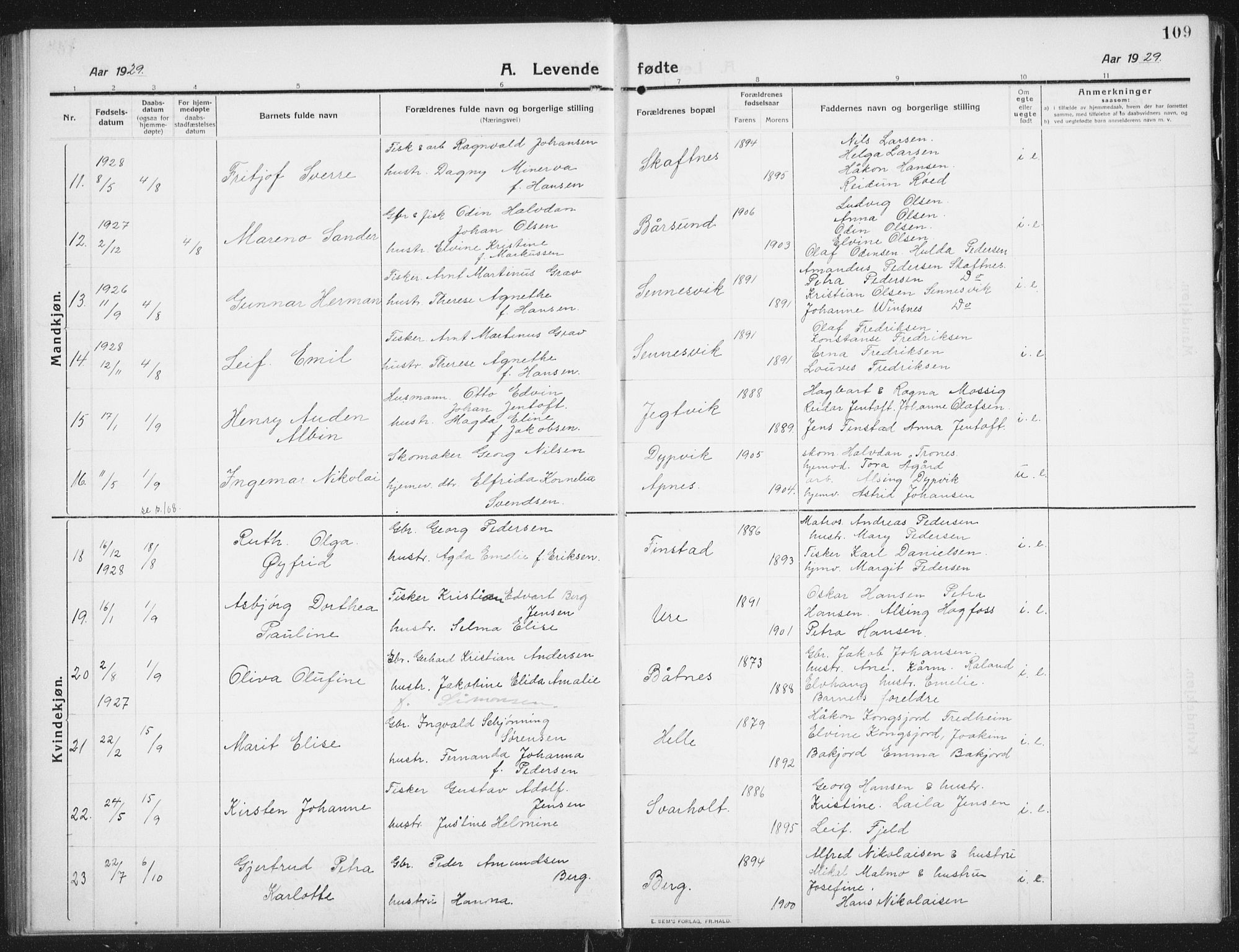 Ministerialprotokoller, klokkerbøker og fødselsregistre - Nordland, AV/SAT-A-1459/882/L1183: Parish register (copy) no. 882C01, 1911-1938, p. 109