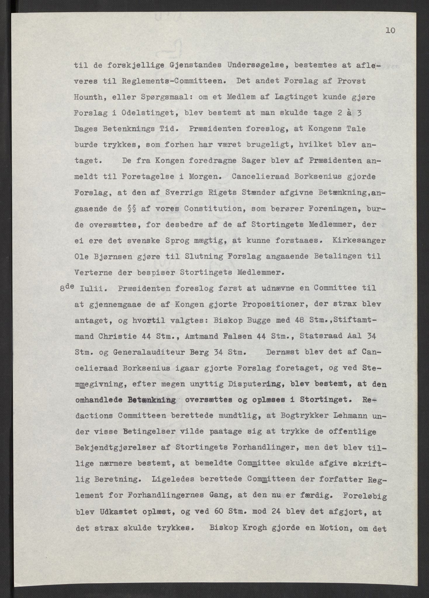 Manuskriptsamlingen, AV/RA-EA-3667/F/L0197: Wetlesen, Hans Jørgen (stortingsmann, ingeniørkaptein); Referat fra Stortinget 1815-1816, 1815-1816, p. 10