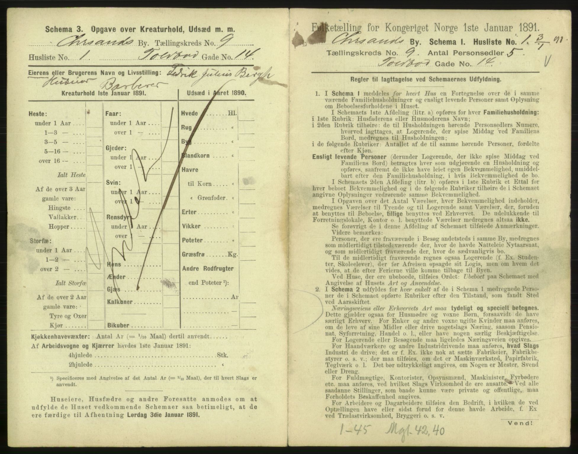 RA, 1891 census for 1001 Kristiansand, 1891, p. 612