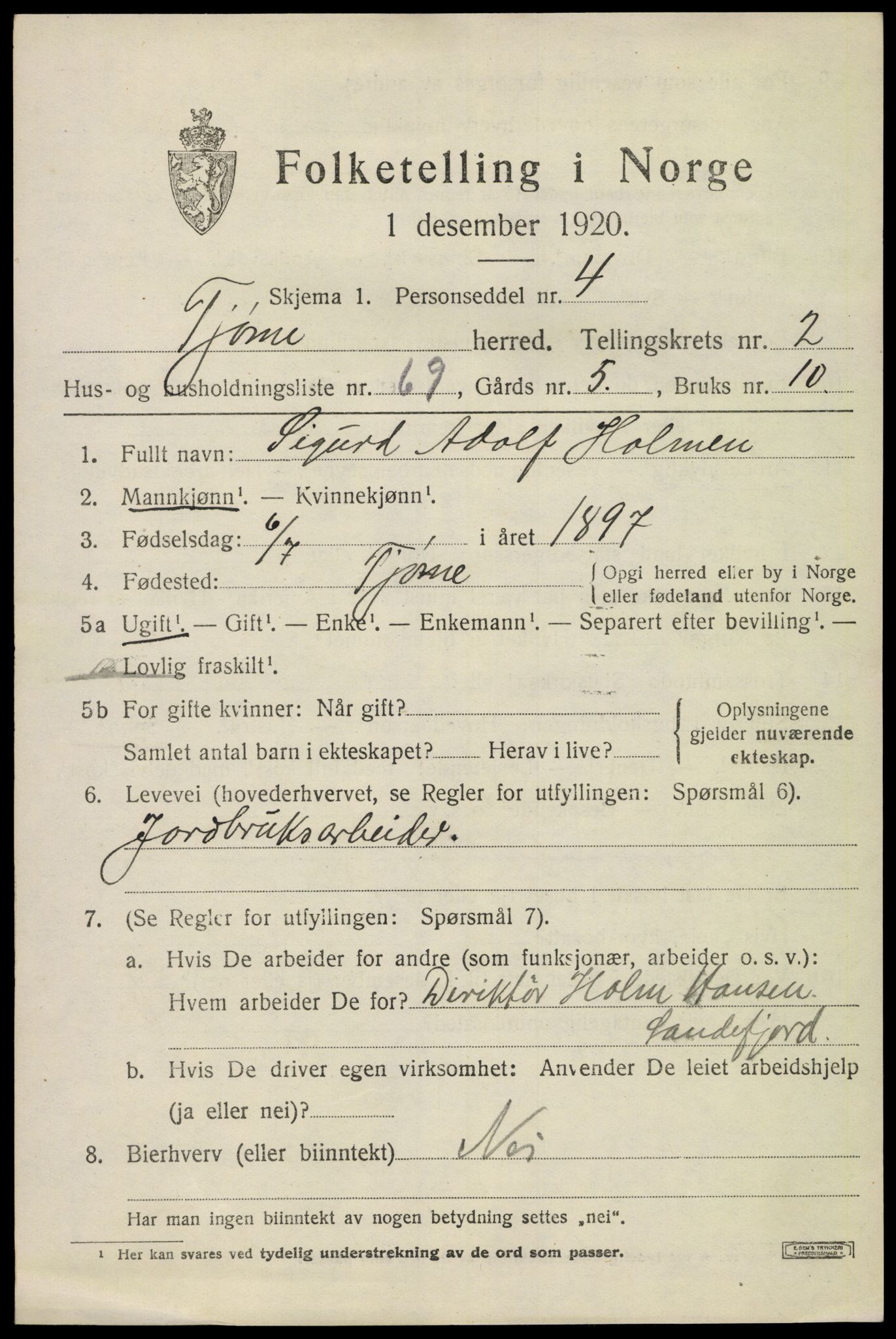 SAKO, 1920 census for Tjøme, 1920, p. 3433