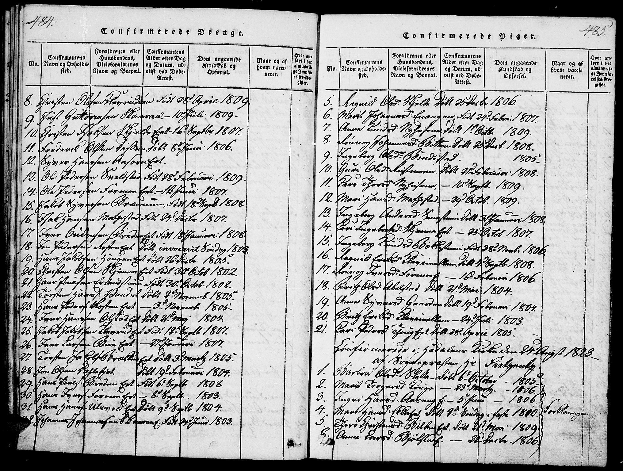 Vågå prestekontor, SAH/PREST-076/H/Ha/Haa/L0003: Parish register (official) no. 3, 1815-1827, p. 484-485