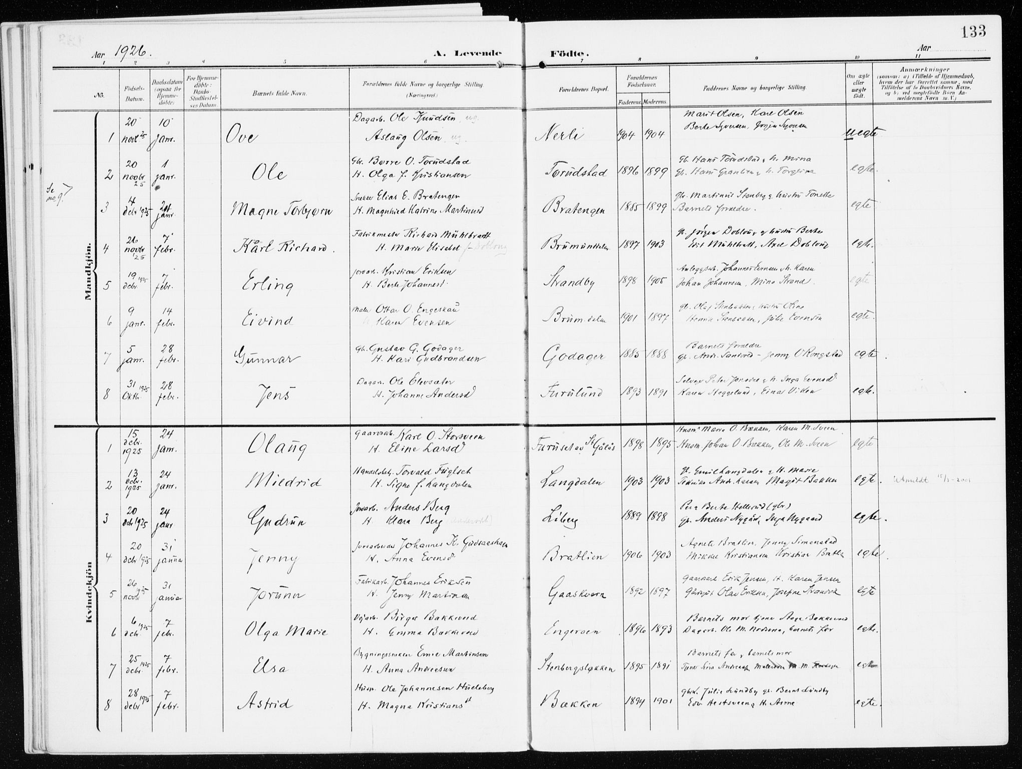 Furnes prestekontor, AV/SAH-PREST-012/K/Ka/L0001: Parish register (official) no. 1, 1907-1935, p. 133