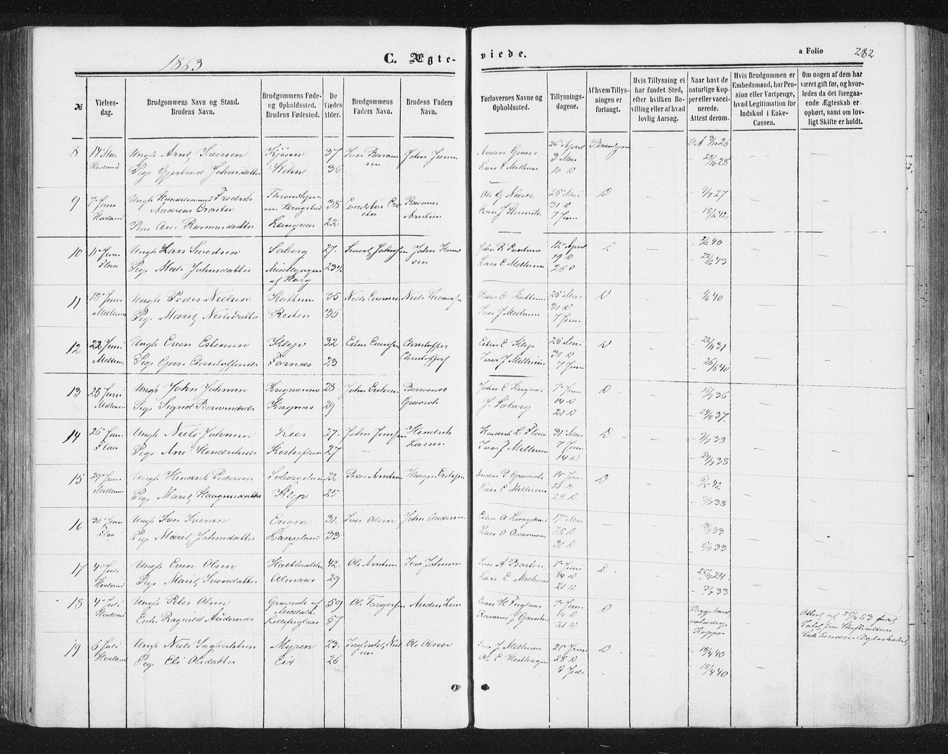 Ministerialprotokoller, klokkerbøker og fødselsregistre - Sør-Trøndelag, SAT/A-1456/691/L1077: Parish register (official) no. 691A09, 1862-1873, p. 282