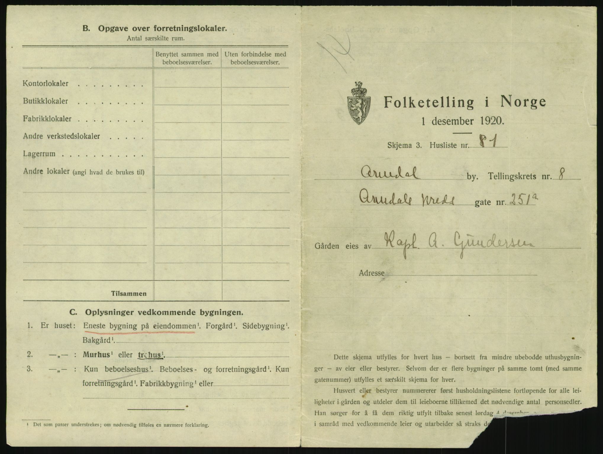 SAK, 1920 census for Arendal, 1920, p. 1000