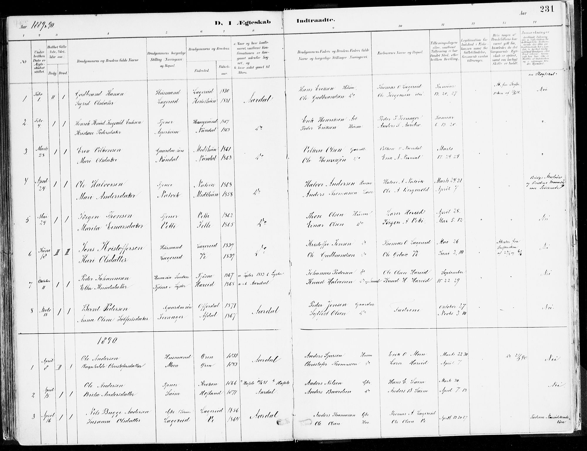 Årdal sokneprestembete, SAB/A-81701: Parish register (official) no. A 5, 1887-1917, p. 231
