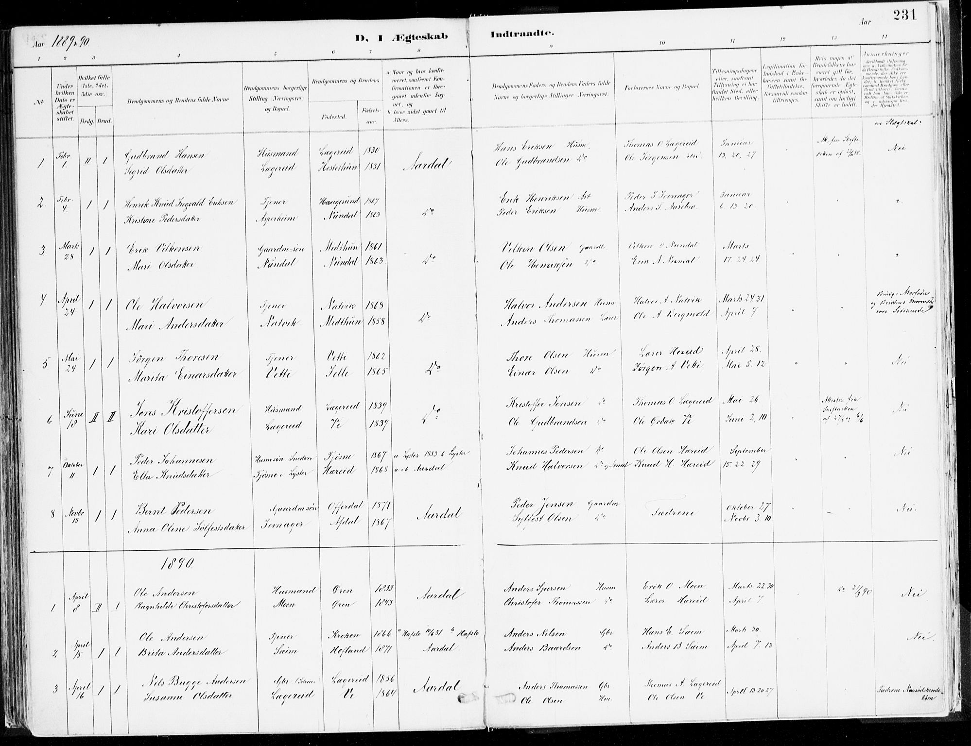 Årdal sokneprestembete, AV/SAB-A-81701: Parish register (official) no. A 5, 1887-1917, p. 231