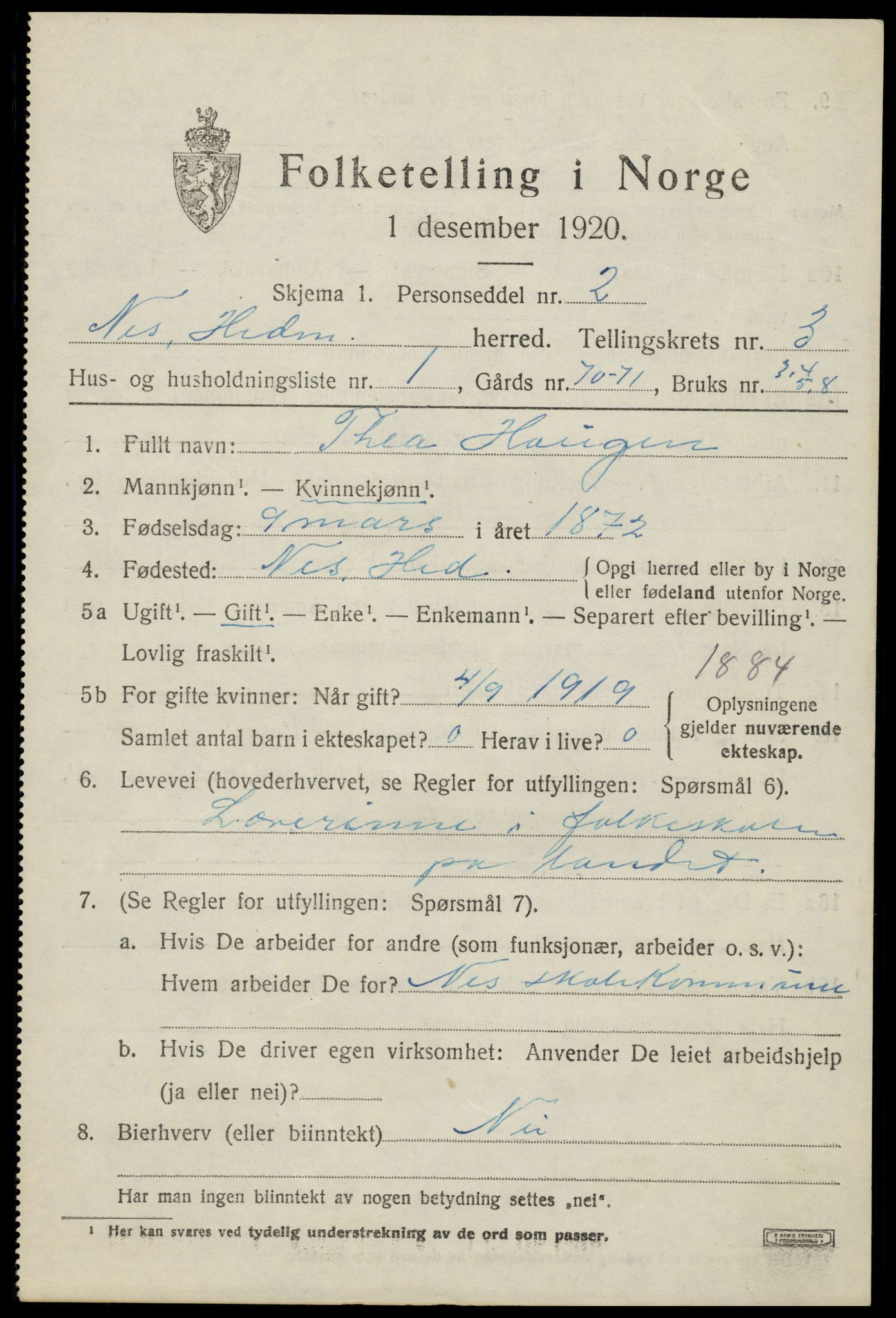 SAH, 1920 census for Nes (Hedmark), 1920, p. 4550