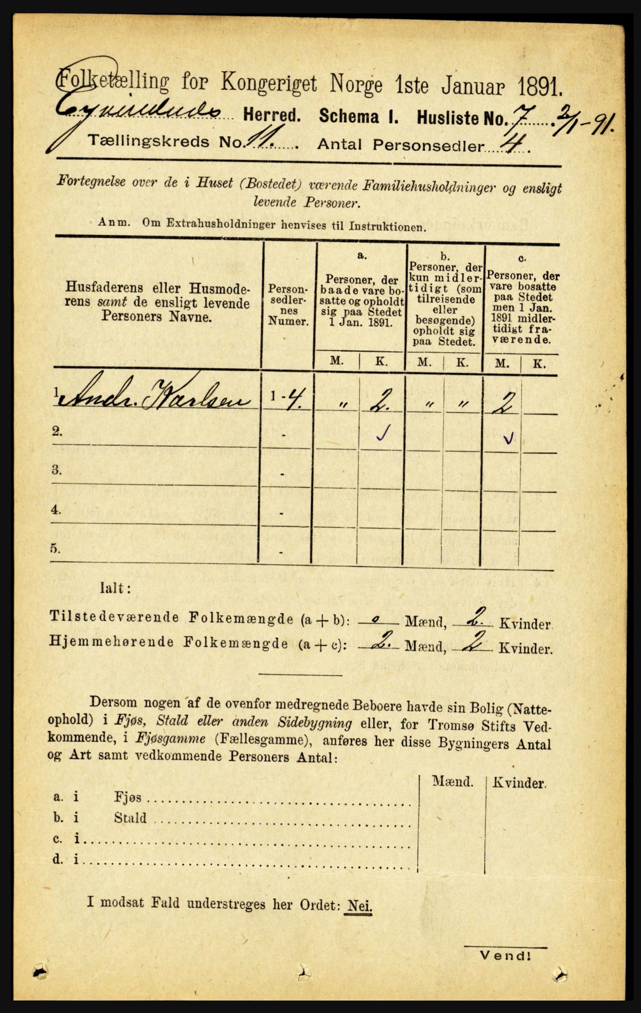 RA, 1891 census for 1853 Evenes, 1891, p. 3429