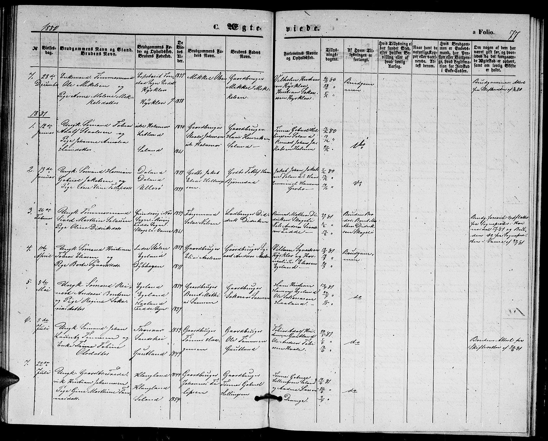 Herad sokneprestkontor, AV/SAK-1111-0018/F/Fb/Fba/L0003: Parish register (copy) no. B 3, 1863-1883, p. 77