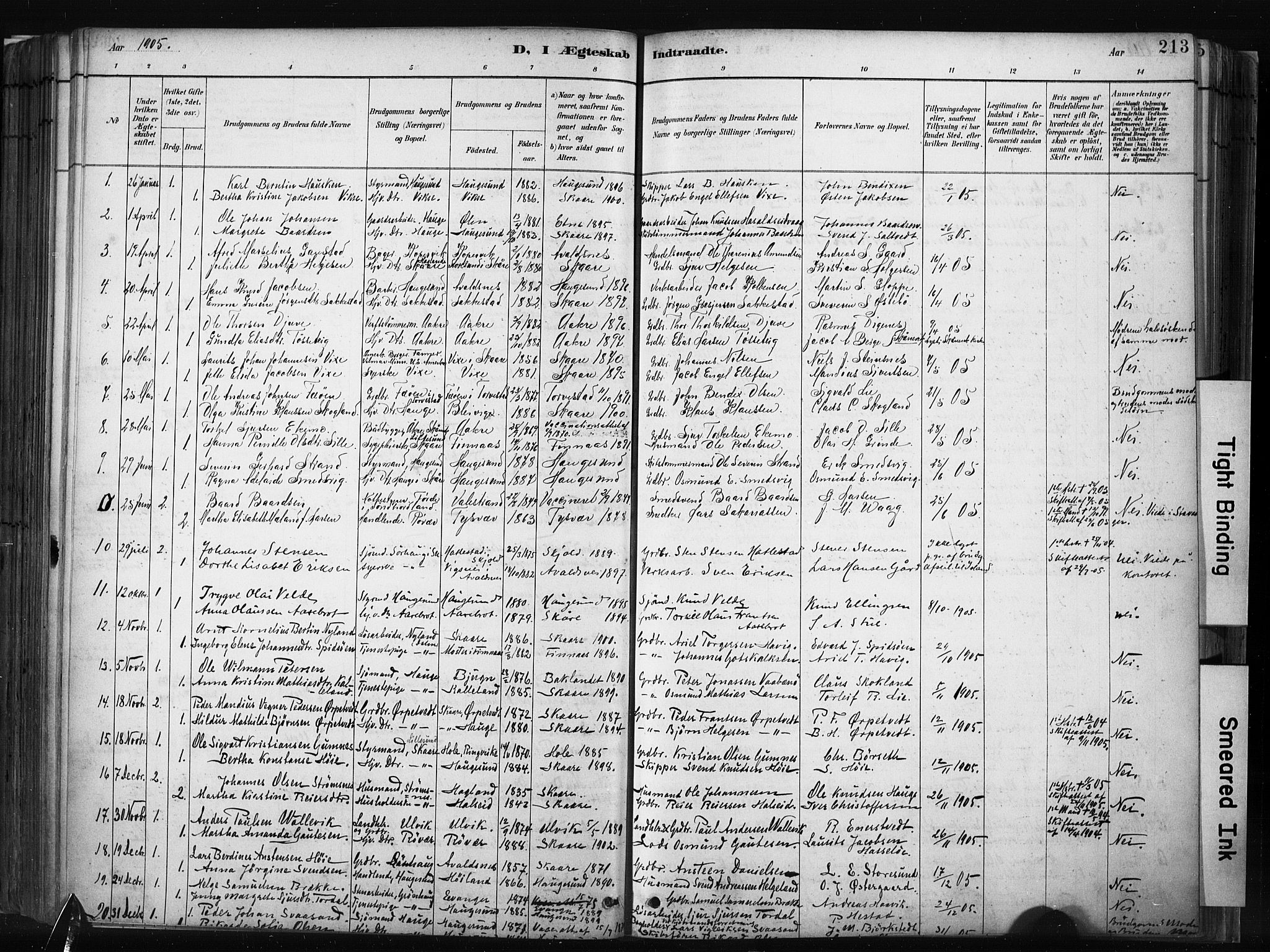 Haugesund sokneprestkontor, AV/SAST-A -101863/H/Ha/Haa/L0004: Parish register (official) no. A 4, 1886-1908, p. 213