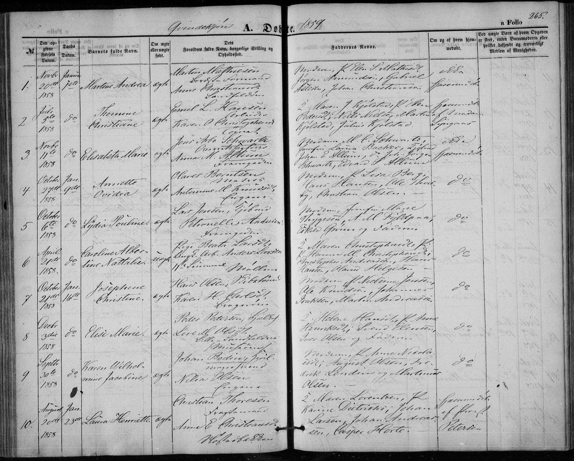 Bragernes kirkebøker, AV/SAKO-A-6/F/Fb/L0002: Parish register (official) no. II 2, 1848-1859, p. 265