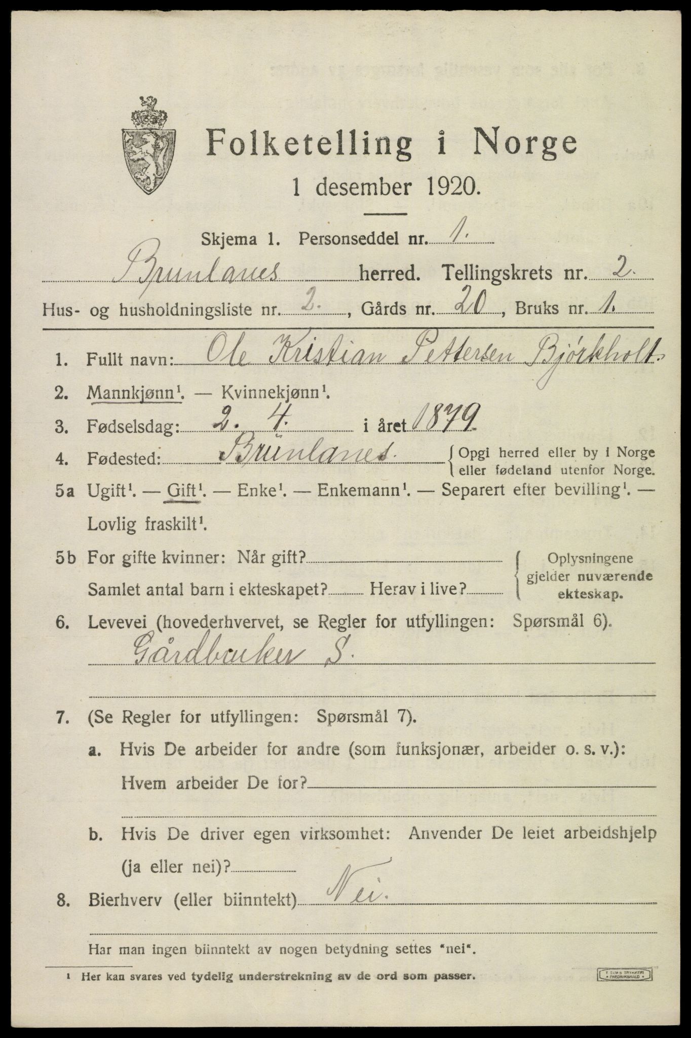 SAKO, 1920 census for Brunlanes, 1920, p. 3321