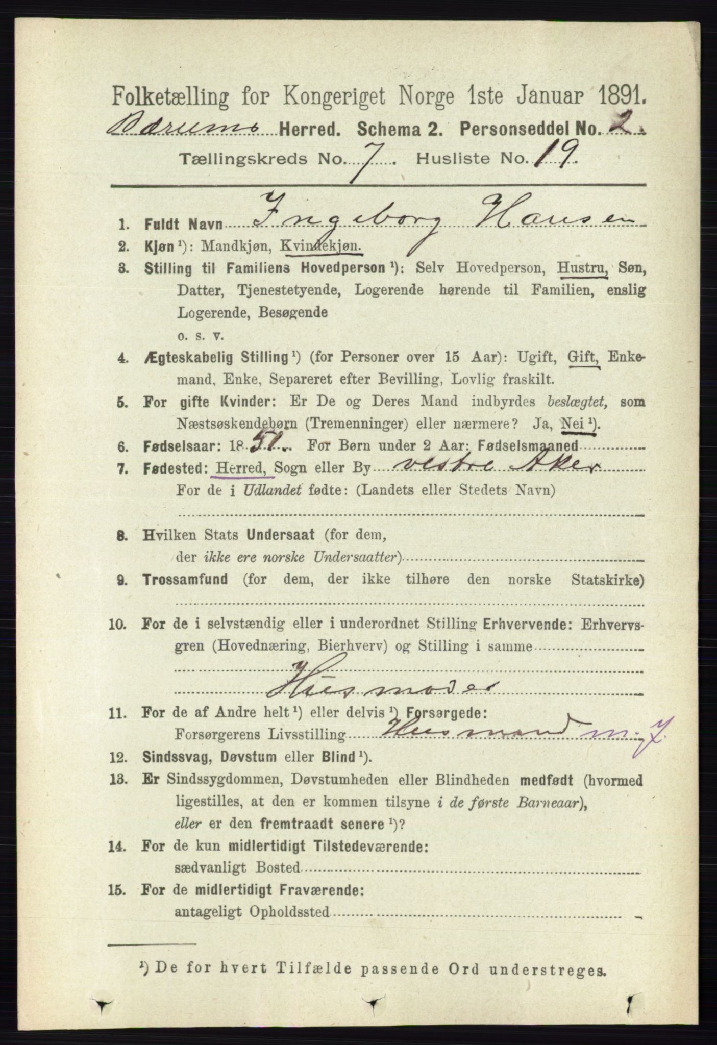 RA, 1891 census for 0219 Bærum, 1891, p. 4254