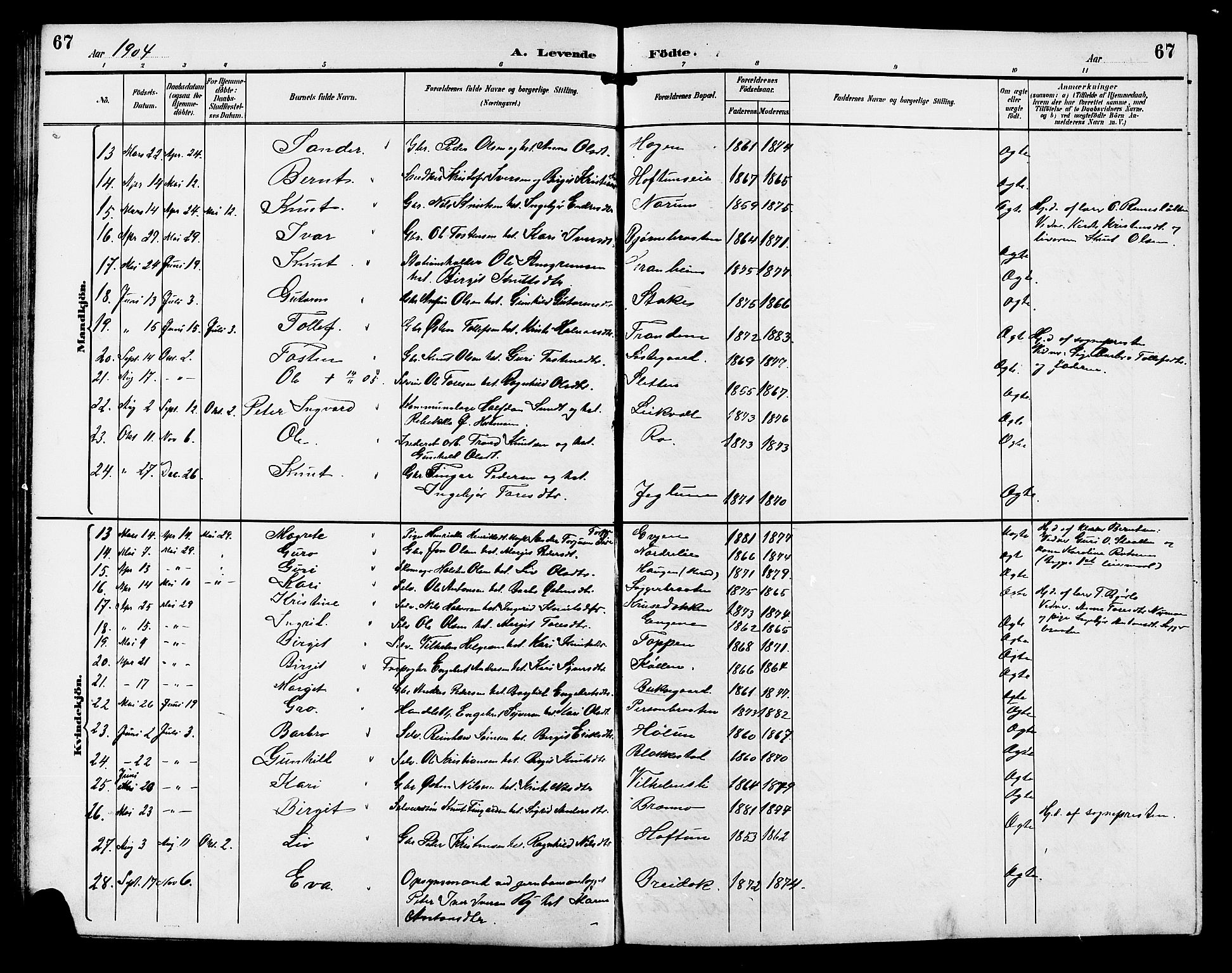 Gol kirkebøker, AV/SAKO-A-226/G/Ga/L0003: Parish register (copy) no. I 3, 1887-1914, p. 67