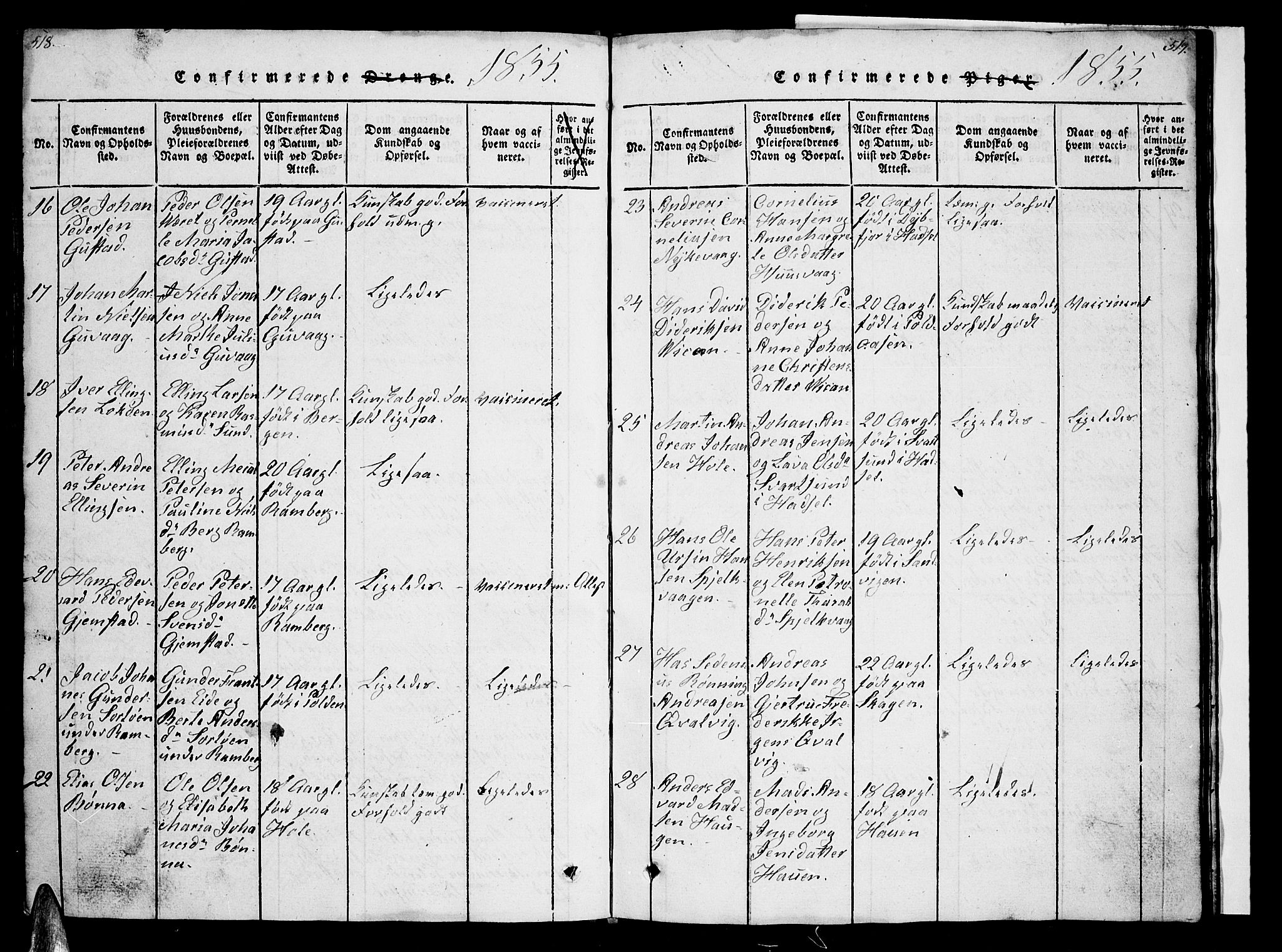 Ministerialprotokoller, klokkerbøker og fødselsregistre - Nordland, AV/SAT-A-1459/891/L1312: Parish register (copy) no. 891C01, 1820-1856, p. 518-519