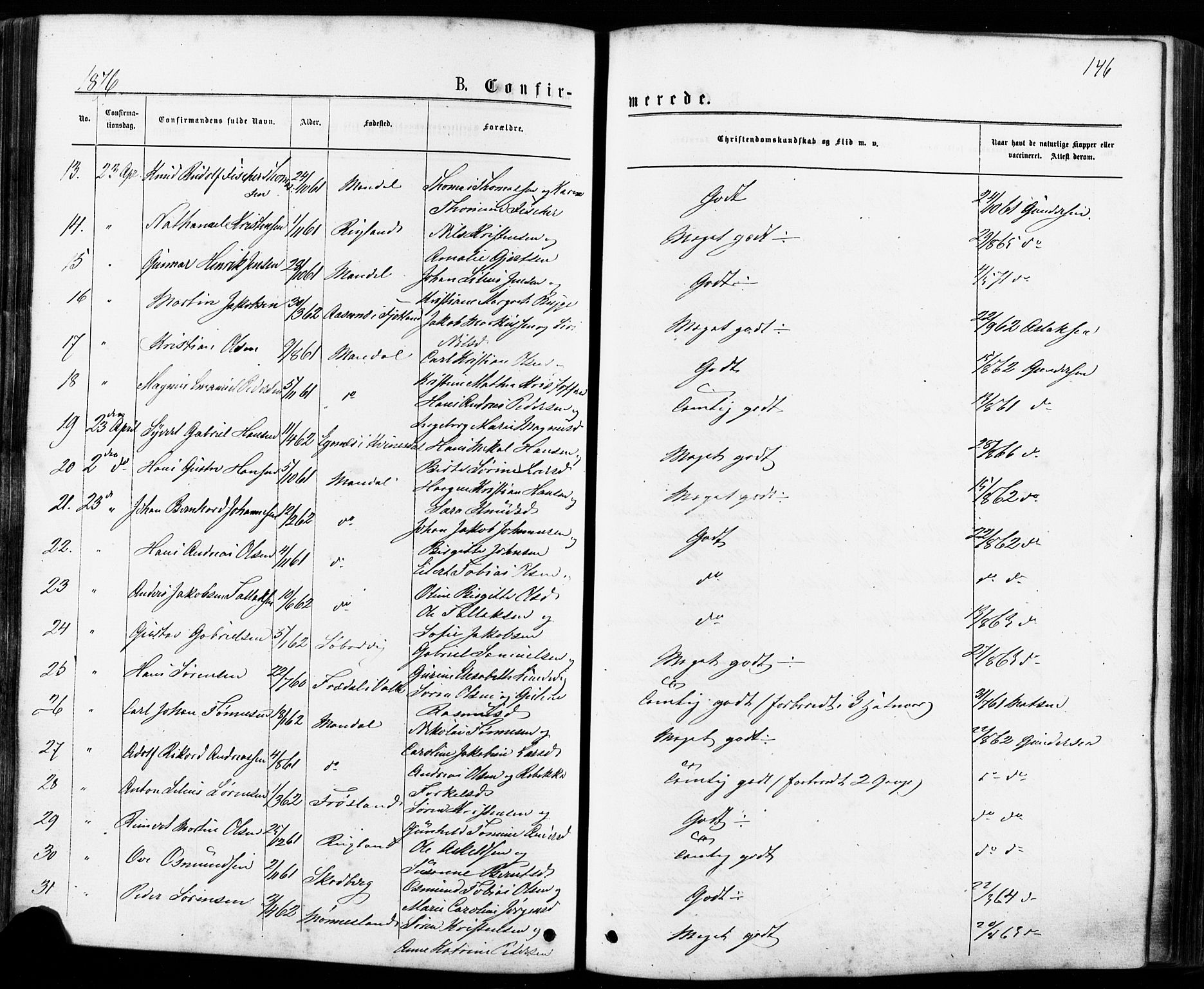Mandal sokneprestkontor, SAK/1111-0030/F/Fa/Faa/L0015: Parish register (official) no. A 15, 1873-1879, p. 146