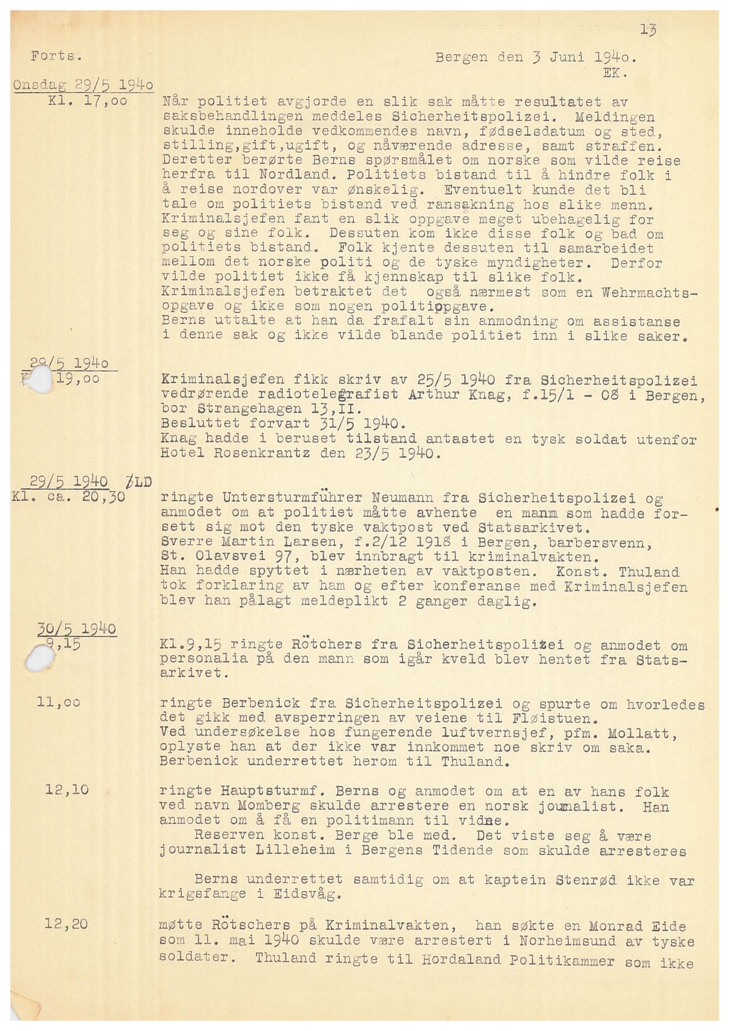 Bergen politikammer / politidistrikt, AV/SAB-A-60401/Y/Ye/L0001: Avskrift av krigsdagbok av Dankert Thuland, 1940-1941, p. 13