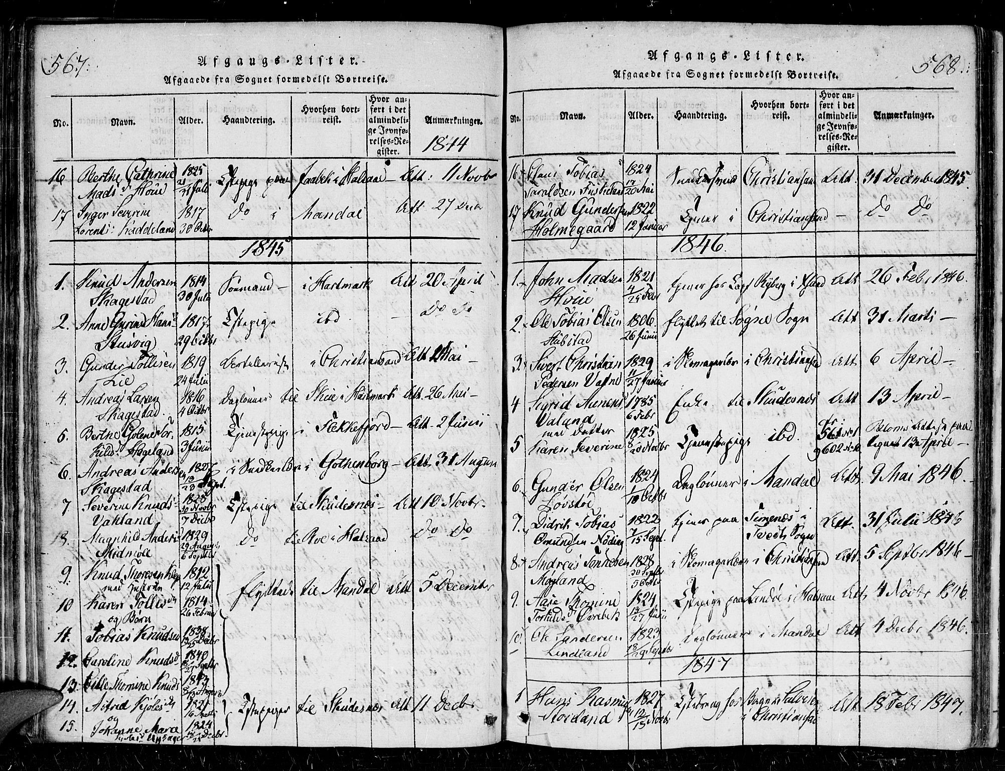 Holum sokneprestkontor, SAK/1111-0022/F/Fa/Faa/L0004: Parish register (official) no. A 4, 1820-1849, p. 567-568