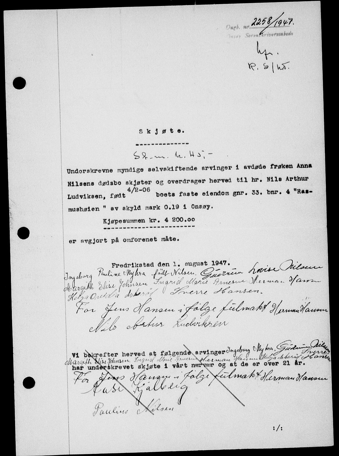 Onsøy sorenskriveri, SAO/A-10474/G/Ga/Gab/L0021: Mortgage book no. II A-21, 1947-1947, Diary no: : 2258/1947