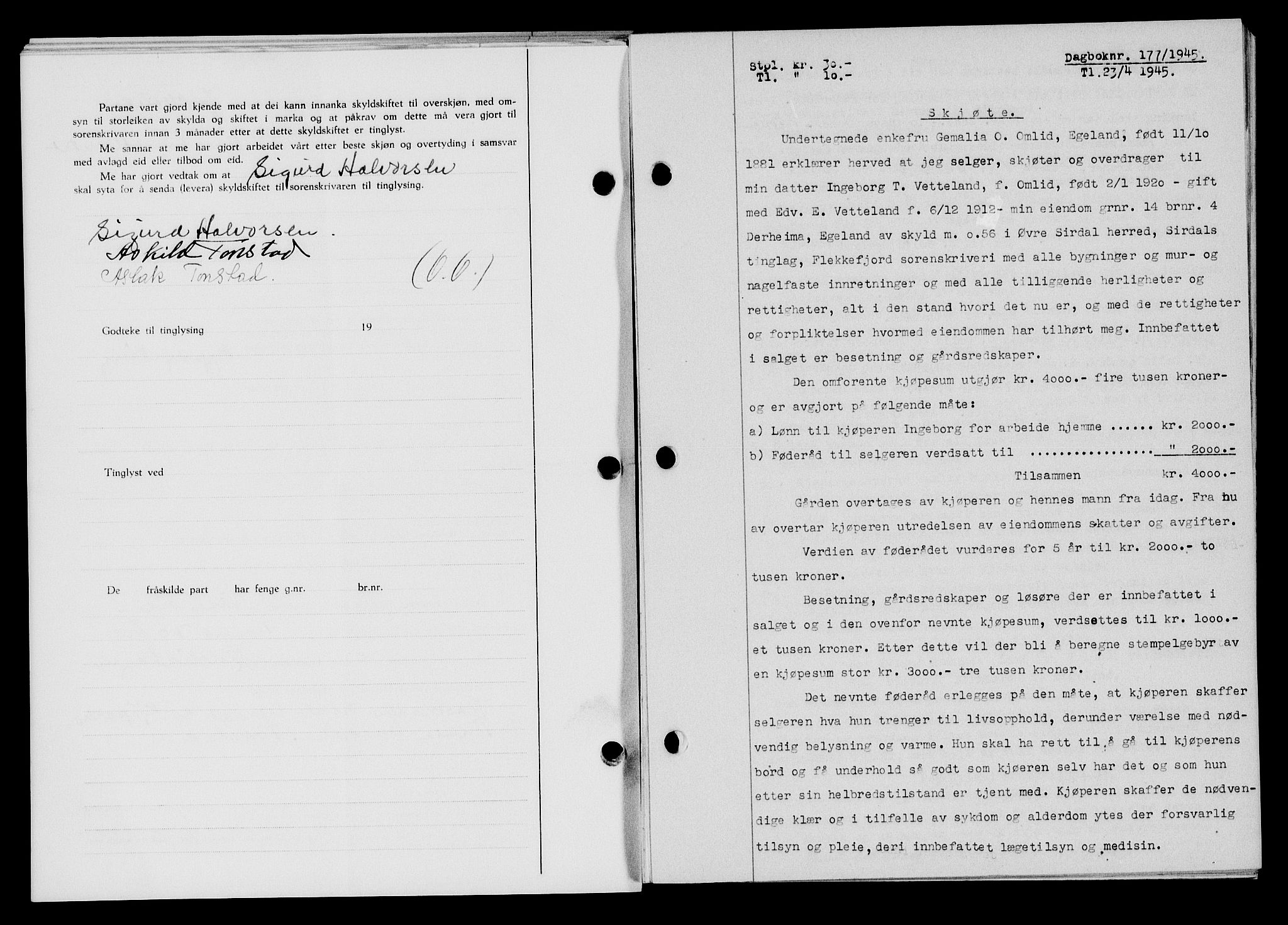 Flekkefjord sorenskriveri, SAK/1221-0001/G/Gb/Gba/L0059: Mortgage book no. A-7, 1944-1945, Diary no: : 177/1945