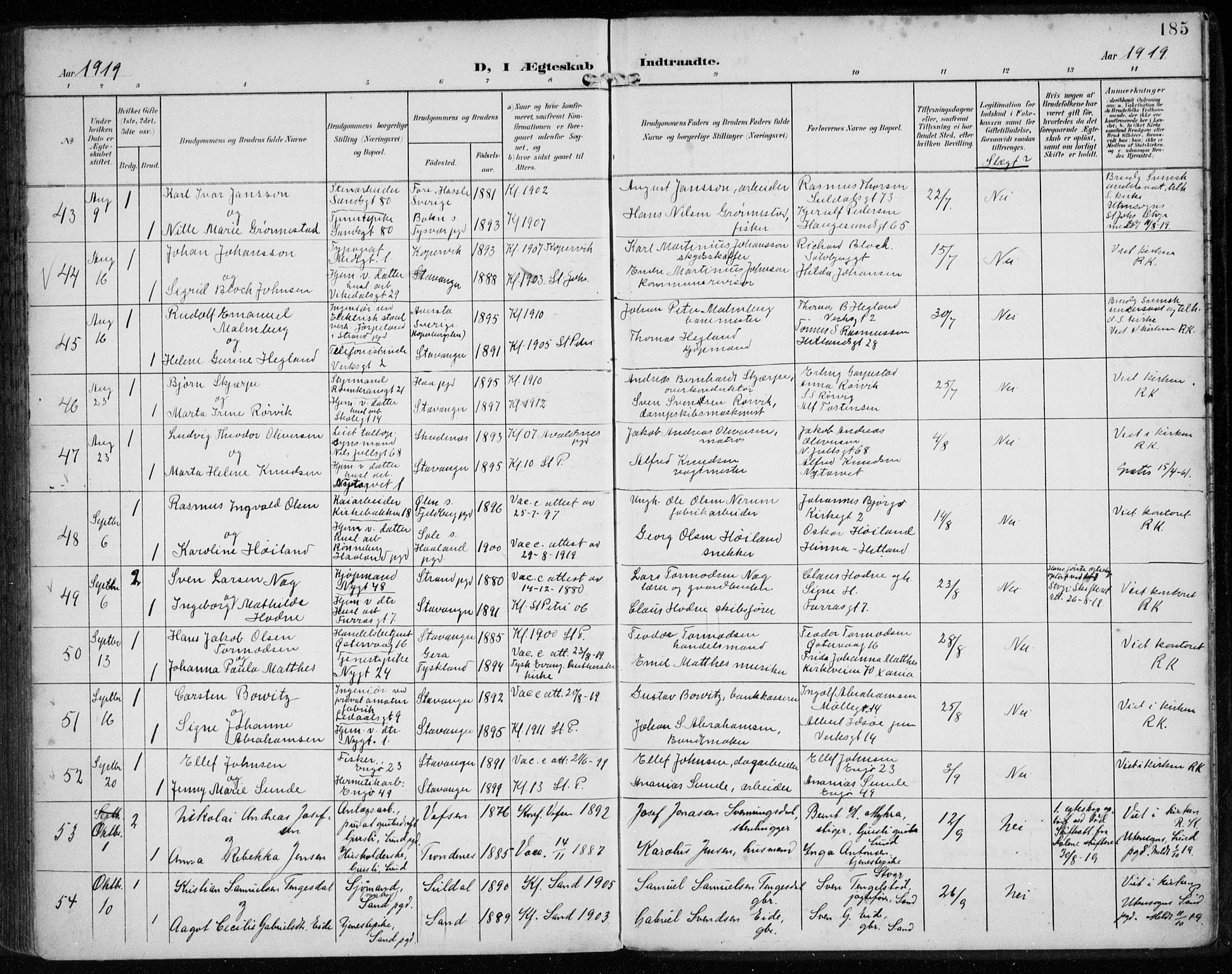 St. Petri sokneprestkontor, AV/SAST-A-101813/002/A/L0003: Parish register (official) no. A 24, 1900-1921, p. 185