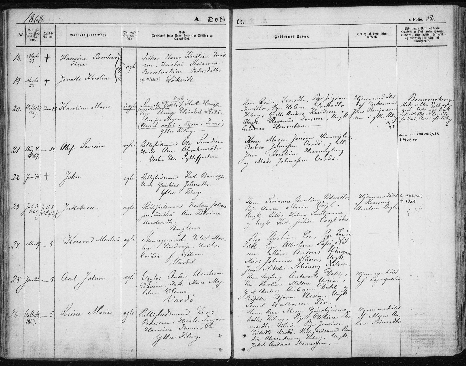 Vardø sokneprestkontor, SATØ/S-1332/H/Ha/L0004kirke: Parish register (official) no. 4, 1862-1871, p. 52