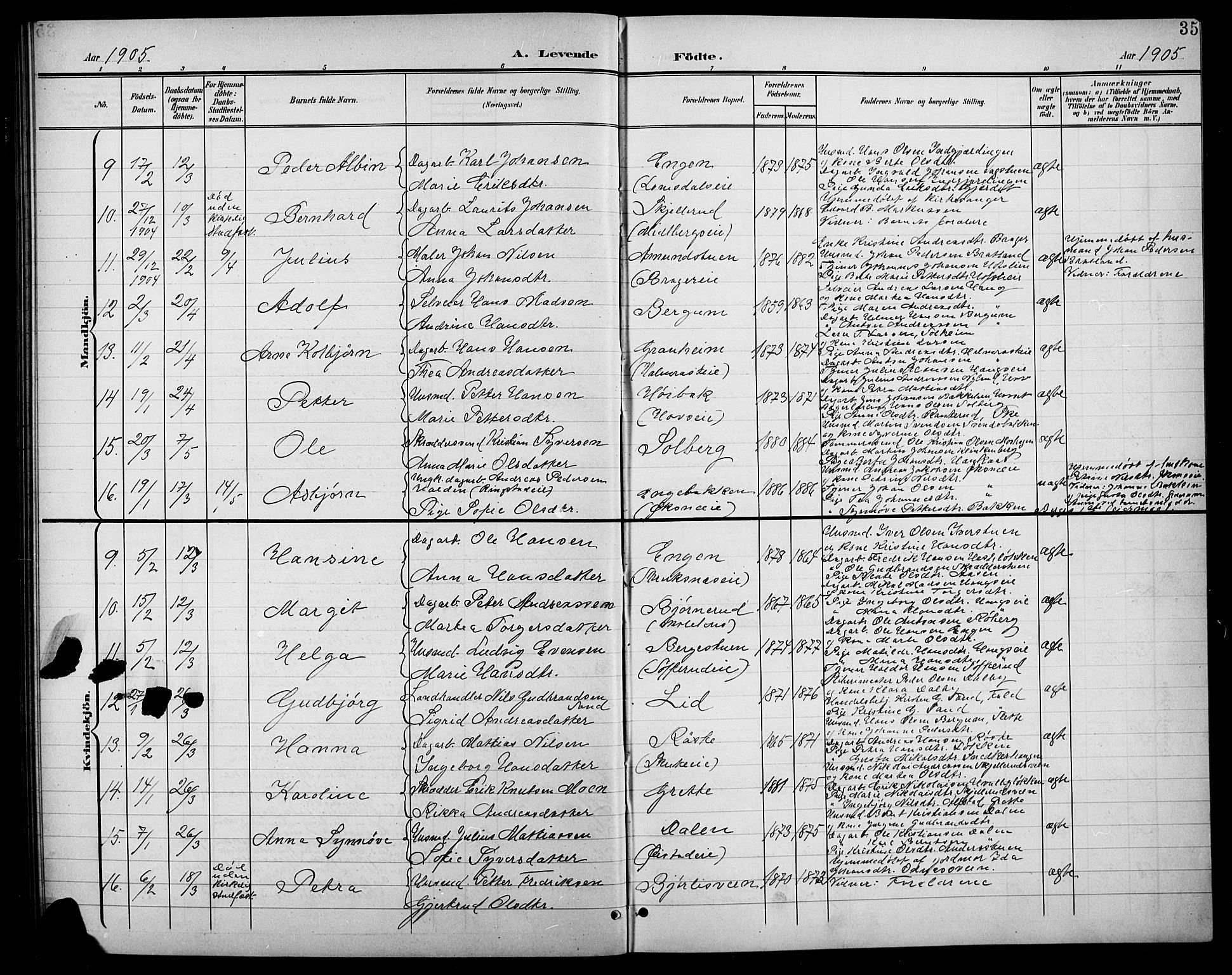 Søndre Land prestekontor, AV/SAH-PREST-122/L/L0004: Parish register (copy) no. 4, 1901-1915, p. 35