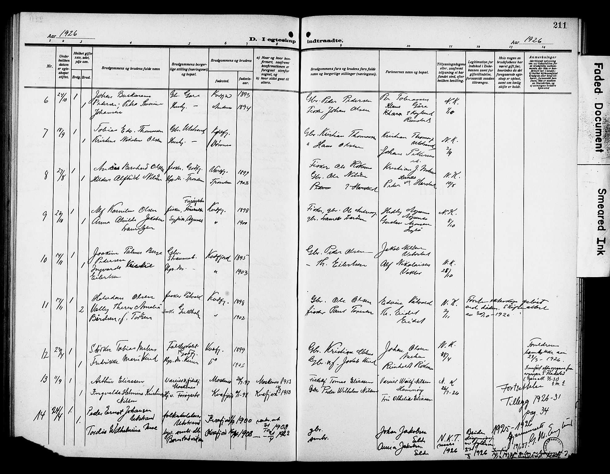 Kvæfjord sokneprestkontor, AV/SATØ-S-1323/G/Ga/Gab/L0006klokker: Parish register (copy) no. 6, 1912-1931, p. 211