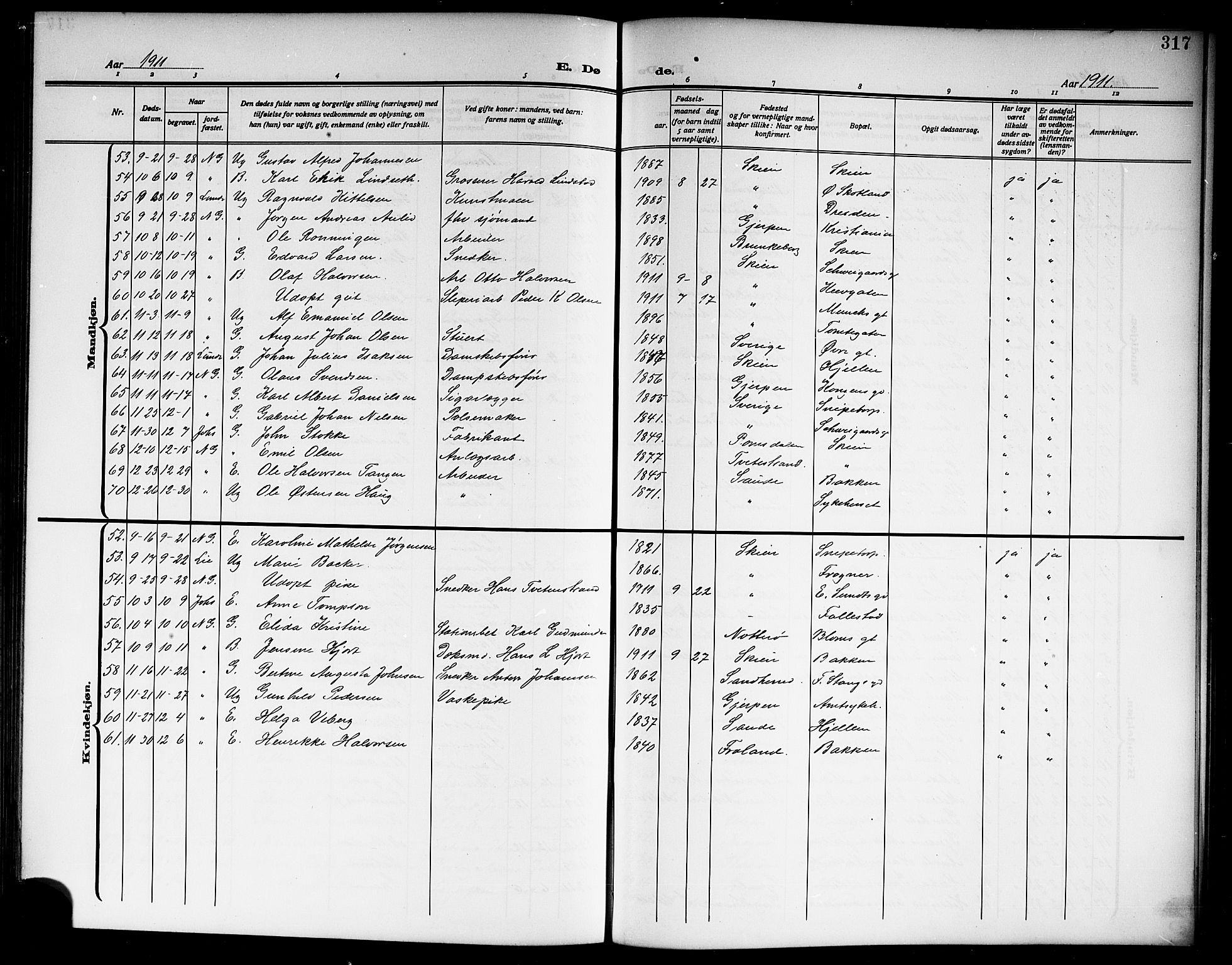 Skien kirkebøker, AV/SAKO-A-302/G/Ga/L0009: Parish register (copy) no. 9, 1910-1920, p. 317