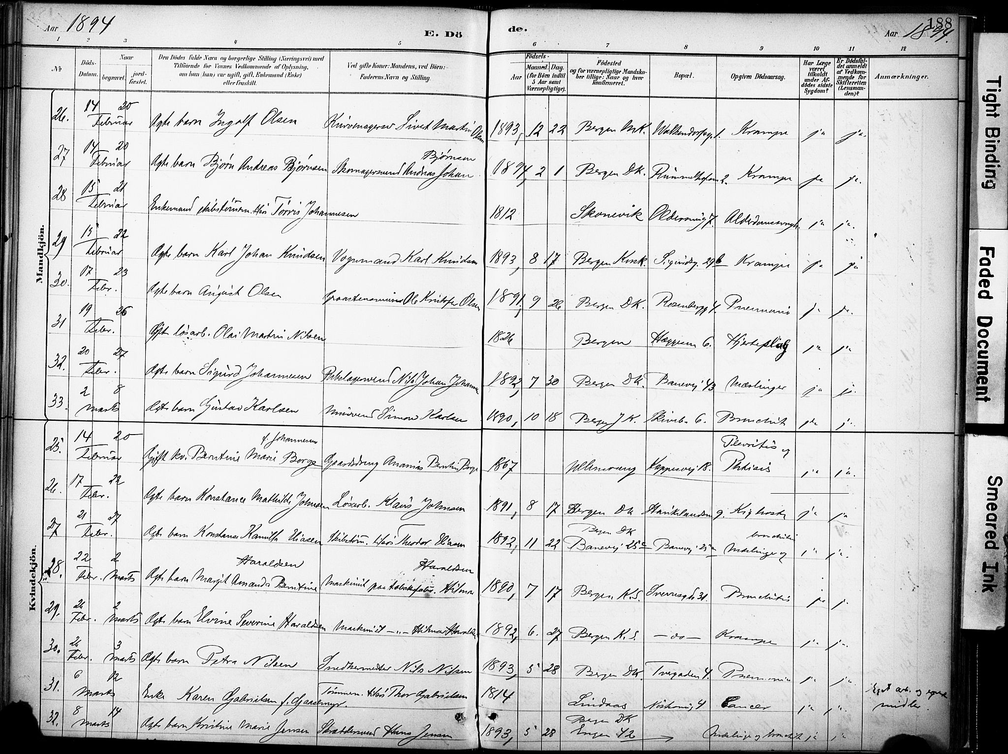 Domkirken sokneprestembete, AV/SAB-A-74801/H/Haa/L0043: Parish register (official) no. E 5, 1882-1904, p. 188