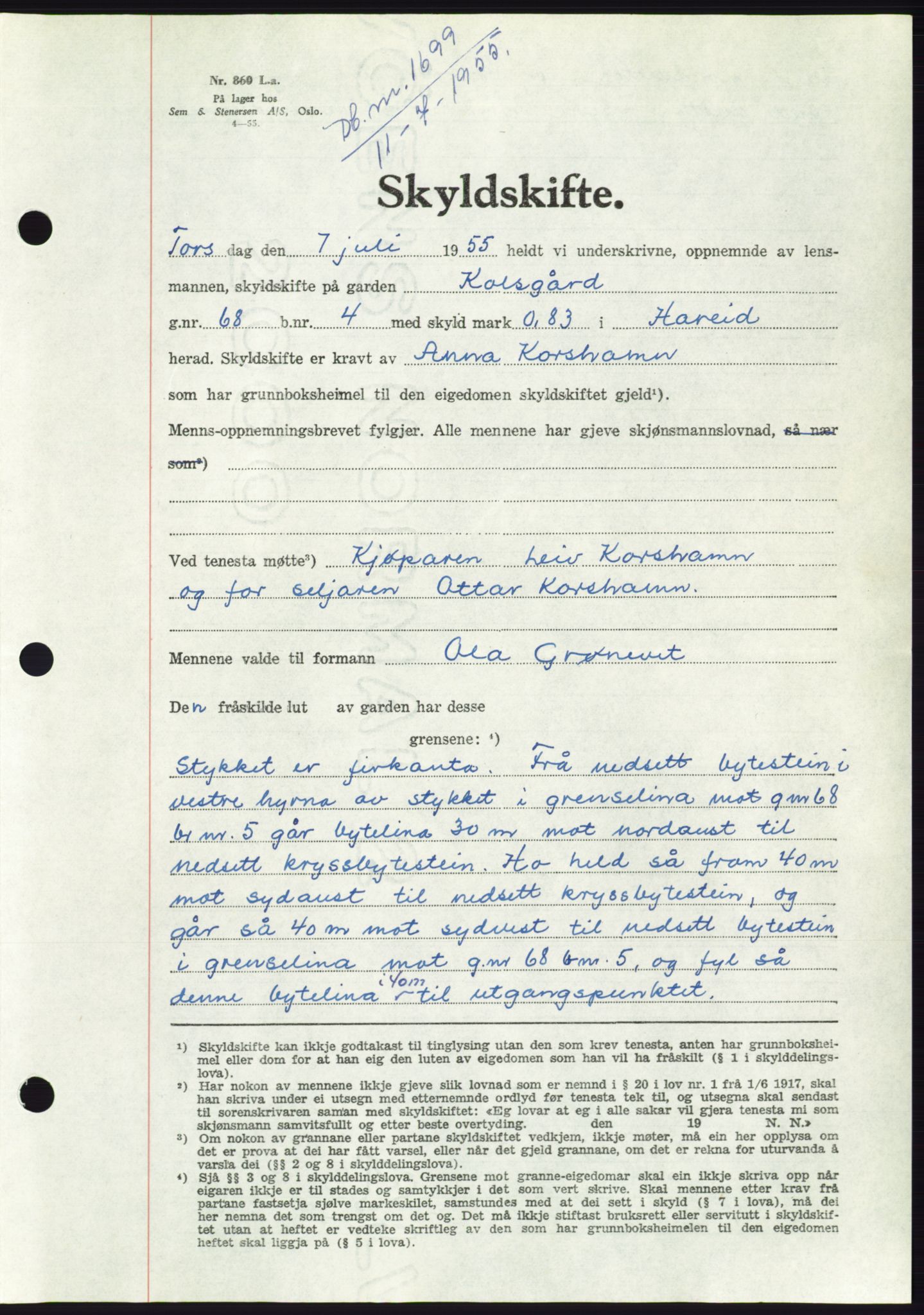Søre Sunnmøre sorenskriveri, AV/SAT-A-4122/1/2/2C/L0101: Mortgage book no. 27A, 1955-1955, Diary no: : 1699/1955