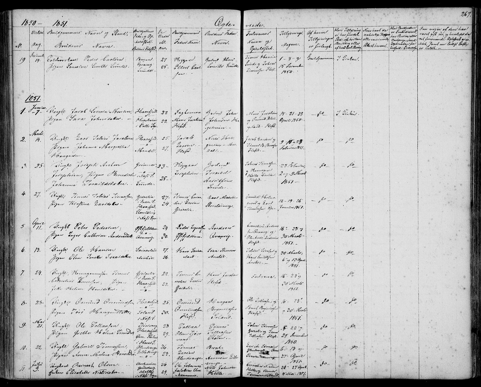 Flekkefjord sokneprestkontor, SAK/1111-0012/F/Fb/Fbc/L0005: Parish register (copy) no. B 5, 1846-1866, p. 267