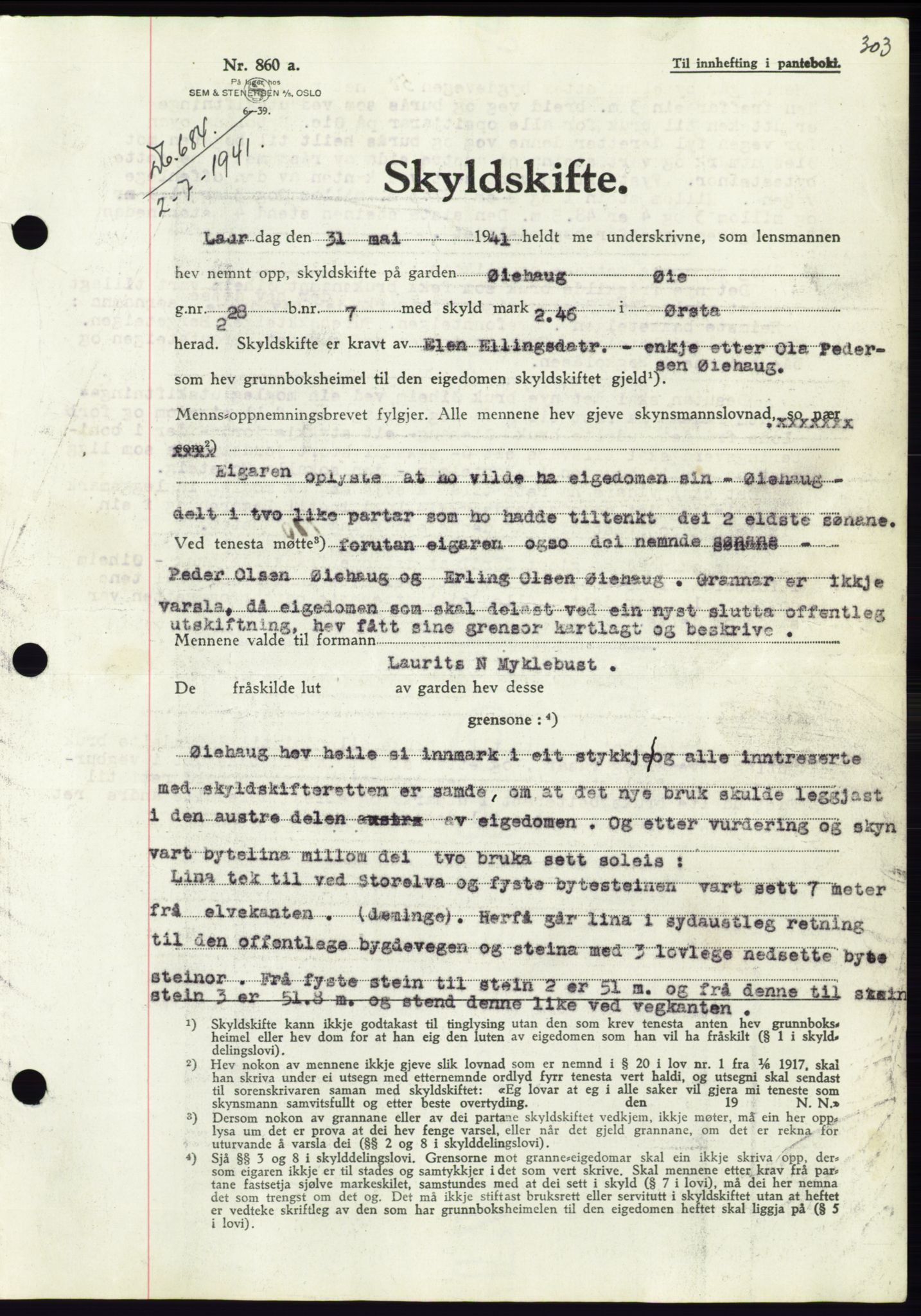 Søre Sunnmøre sorenskriveri, AV/SAT-A-4122/1/2/2C/L0071: Mortgage book no. 65, 1941-1941, Diary no: : 684/1941