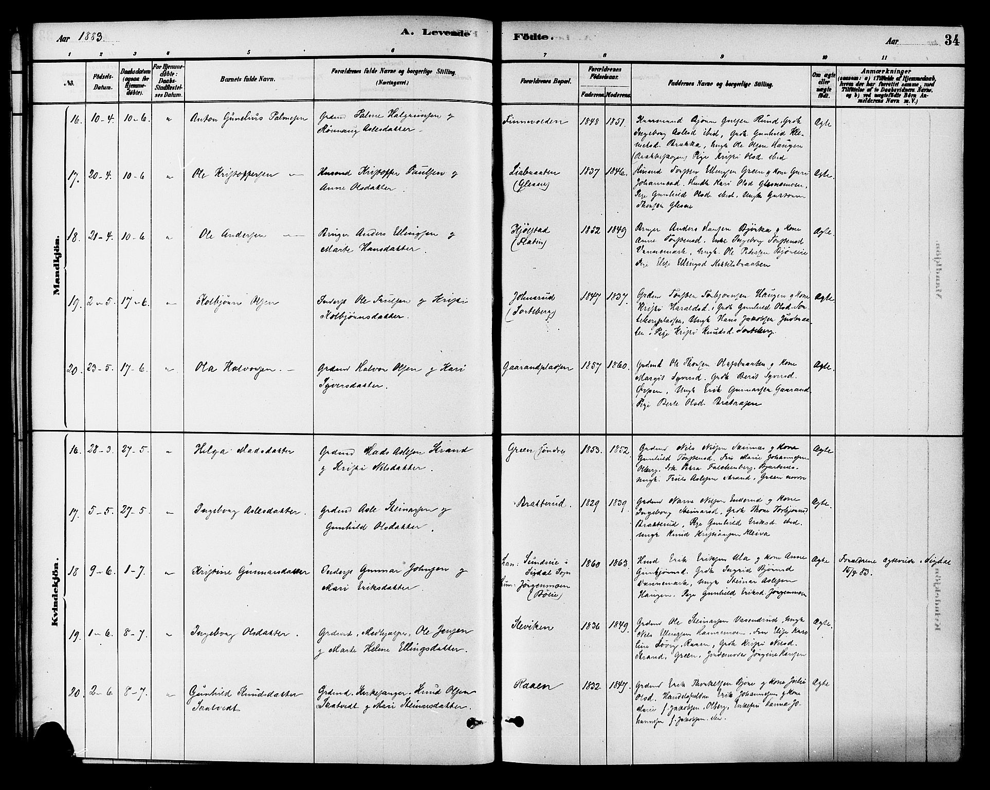 Krødsherad kirkebøker, AV/SAKO-A-19/G/Ga/L0001: Parish register (copy) no. 1, 1879-1893, p. 34