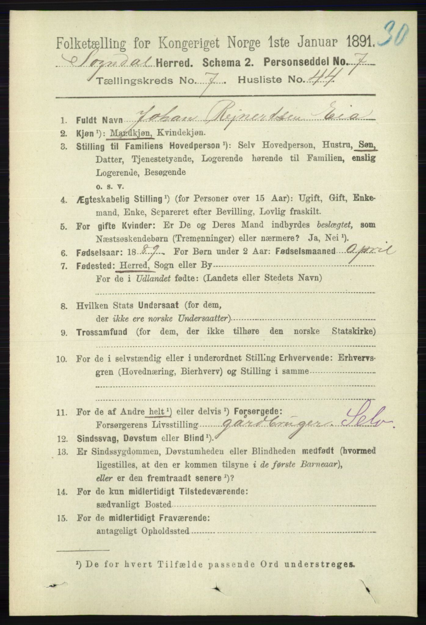 RA, 1891 census for 1111 Sokndal, 1891, p. 2386