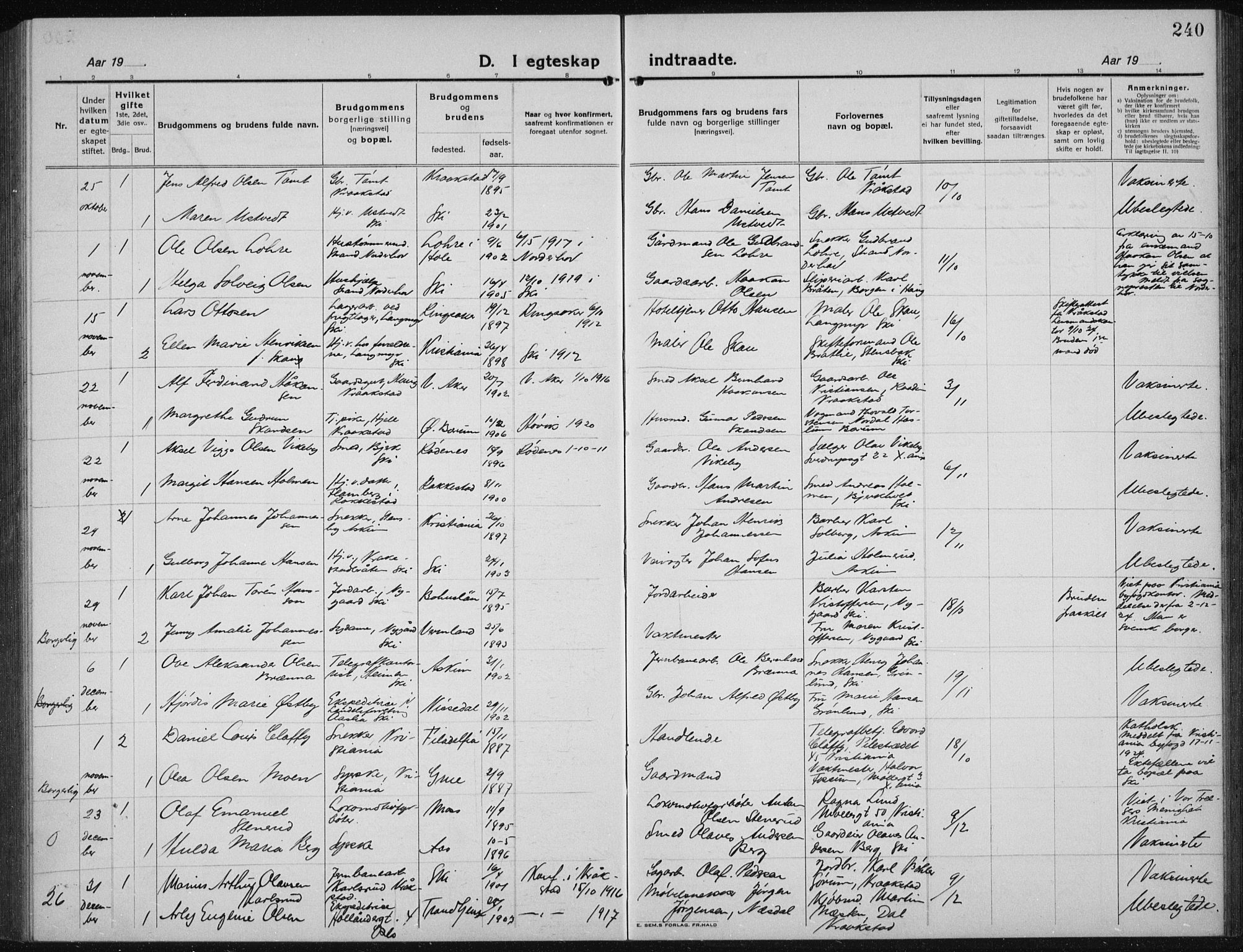 Kråkstad prestekontor Kirkebøker, AV/SAO-A-10125a/G/Gb/L0002: Parish register (copy) no. II 2, 1921-1941, p. 240