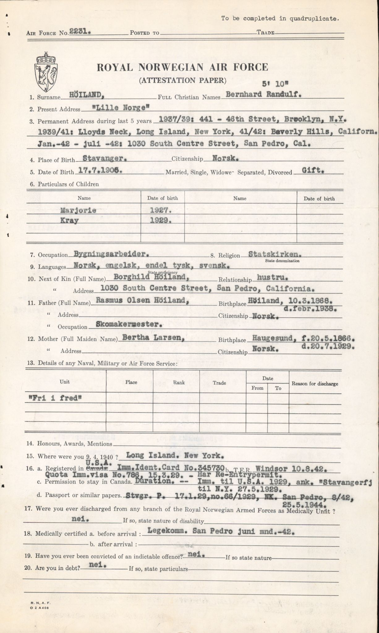 Forsvaret, Forsvarets overkommando/Luftforsvarsstaben, AV/RA-RAFA-4079/P/Pa/L0013: Personellmapper, 1905, p. 217