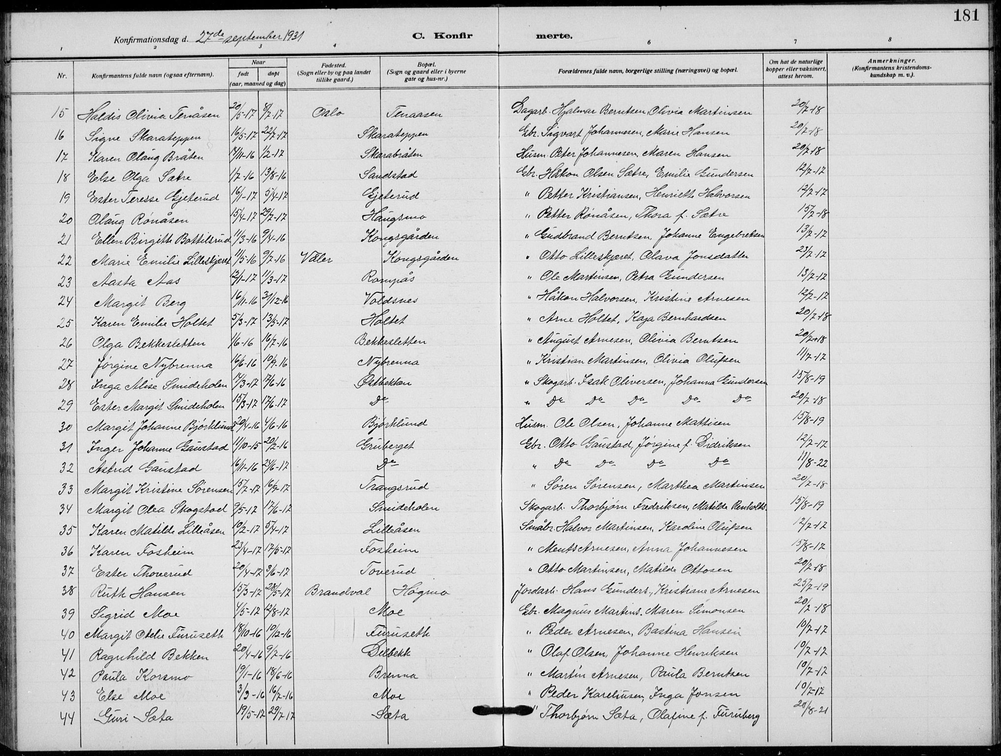 Grue prestekontor, SAH/PREST-036/H/Ha/Hab/L0008: Parish register (copy) no. 8, 1921-1934, p. 181